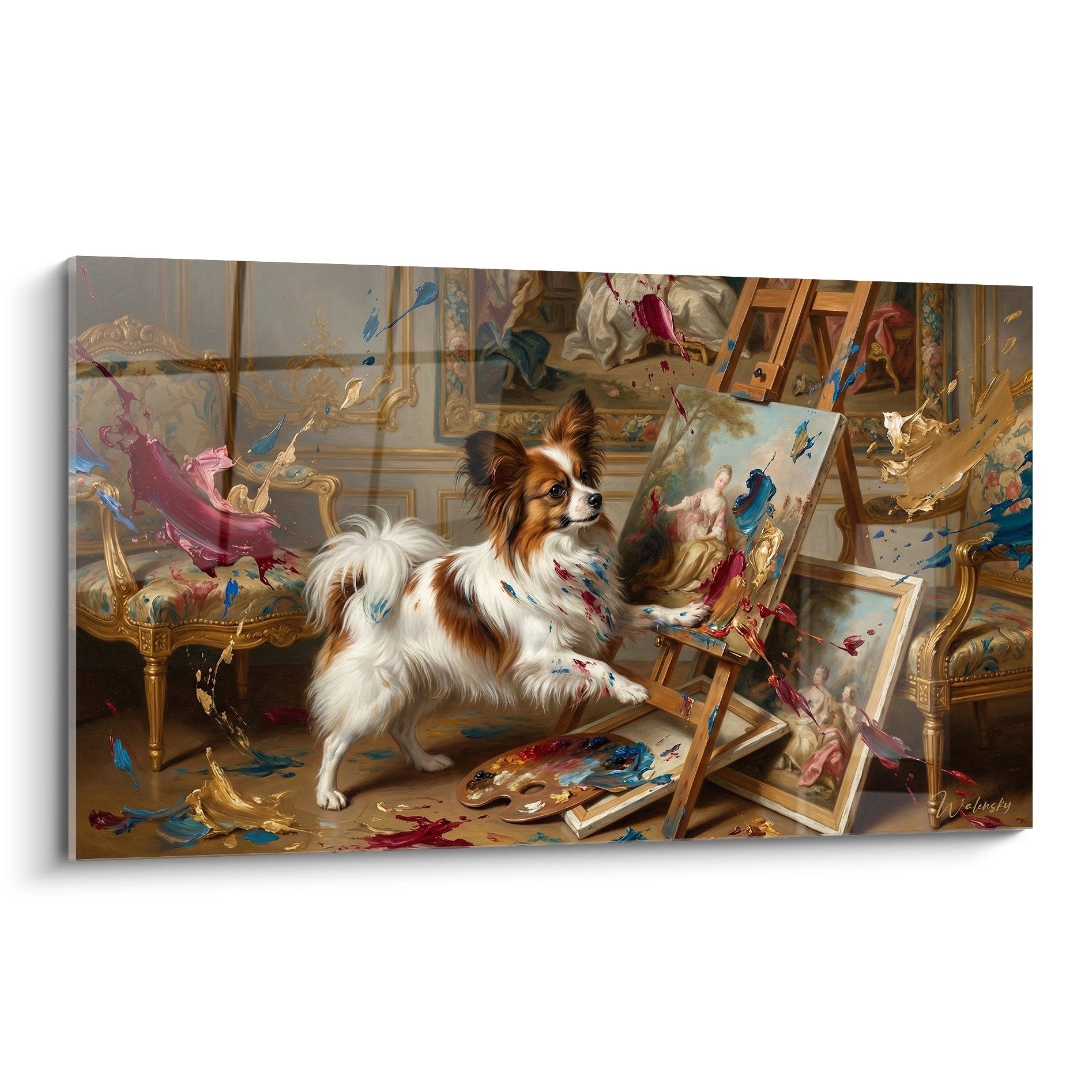 Tableau chien papillon artiste atelier dore peinture eclaboussures chevalet baroque