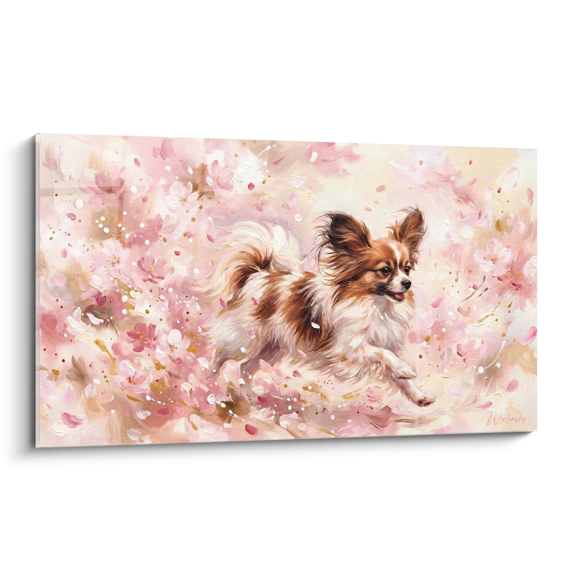 Tableau chien papillon bondissant dans tourbillon rose et blanc avec pétales dorés