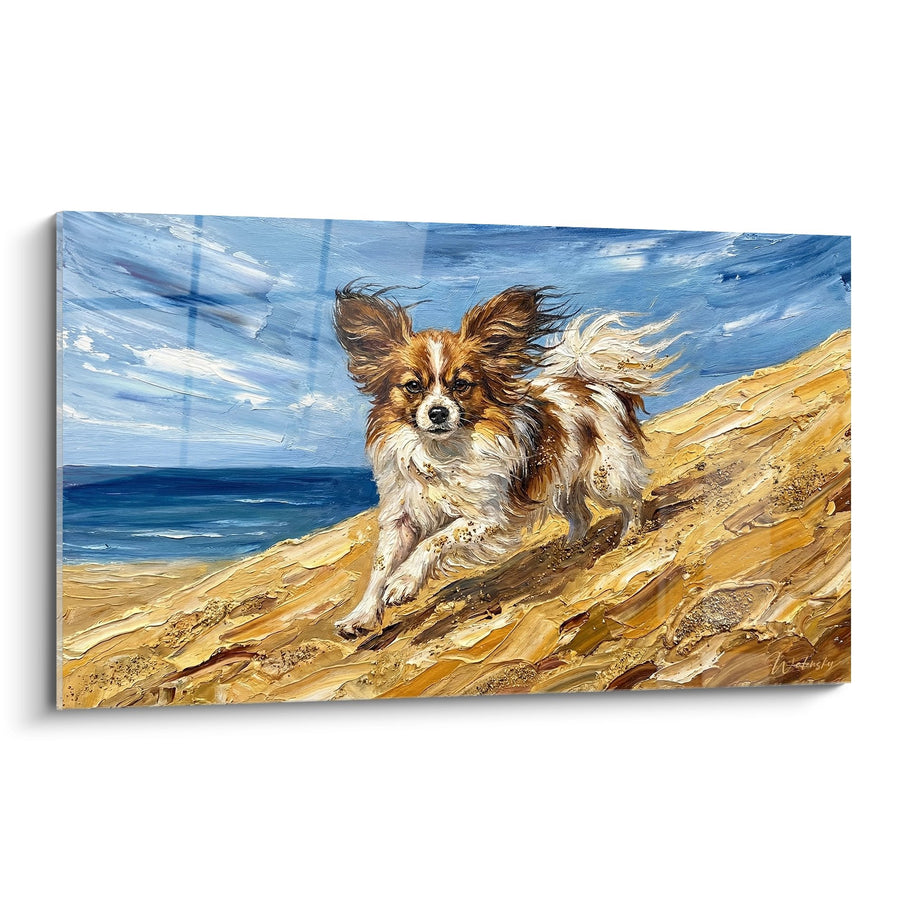 Tableau Chien Papillon Courant sur la Plage aux Oreilles au Vent - Liberté Côtière - Edition Chien Papillon