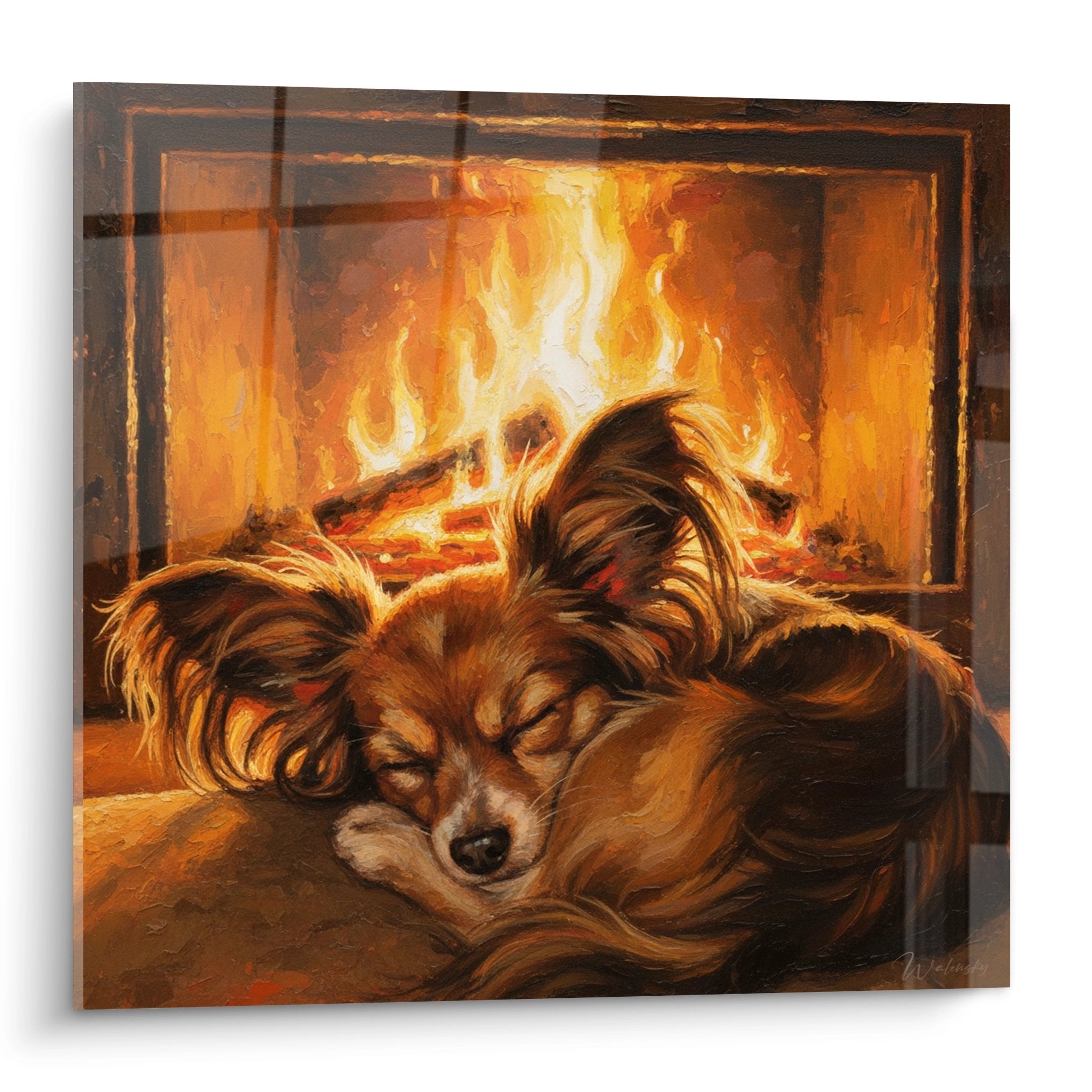 Tableau chien papillon roux endormi devant cheminee flammes dorees ambiance chaleureuse