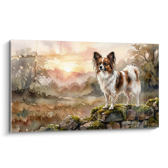 Chien Papillon sur rochers moussus dans paysage automnal, aquarelle aux tons dorés et rosés