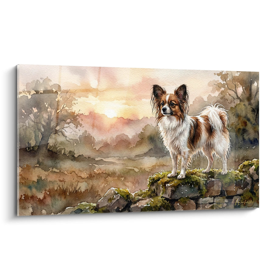 Tableau Chien Papillon sur Rochers Moussus dans Paysage Automnal - Aquarelle Bucolique - Edition Chien Papillon