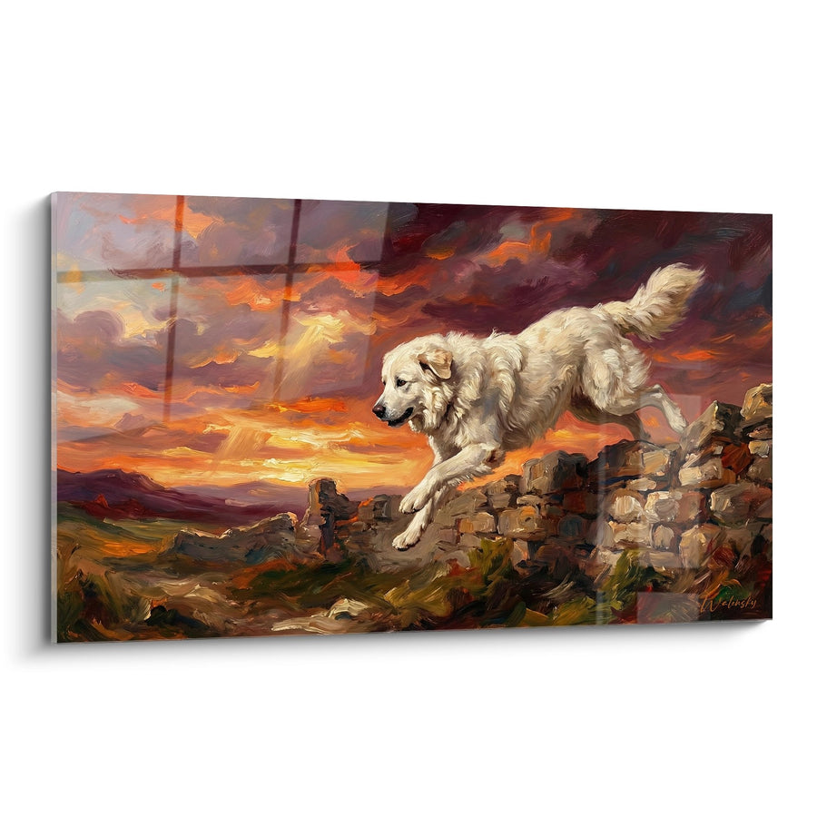 Tableau Chien Pyrénéen au Coucher de Soleil sur Rochers - Gardien des Cimes - Edition Montagne des Pyrénées