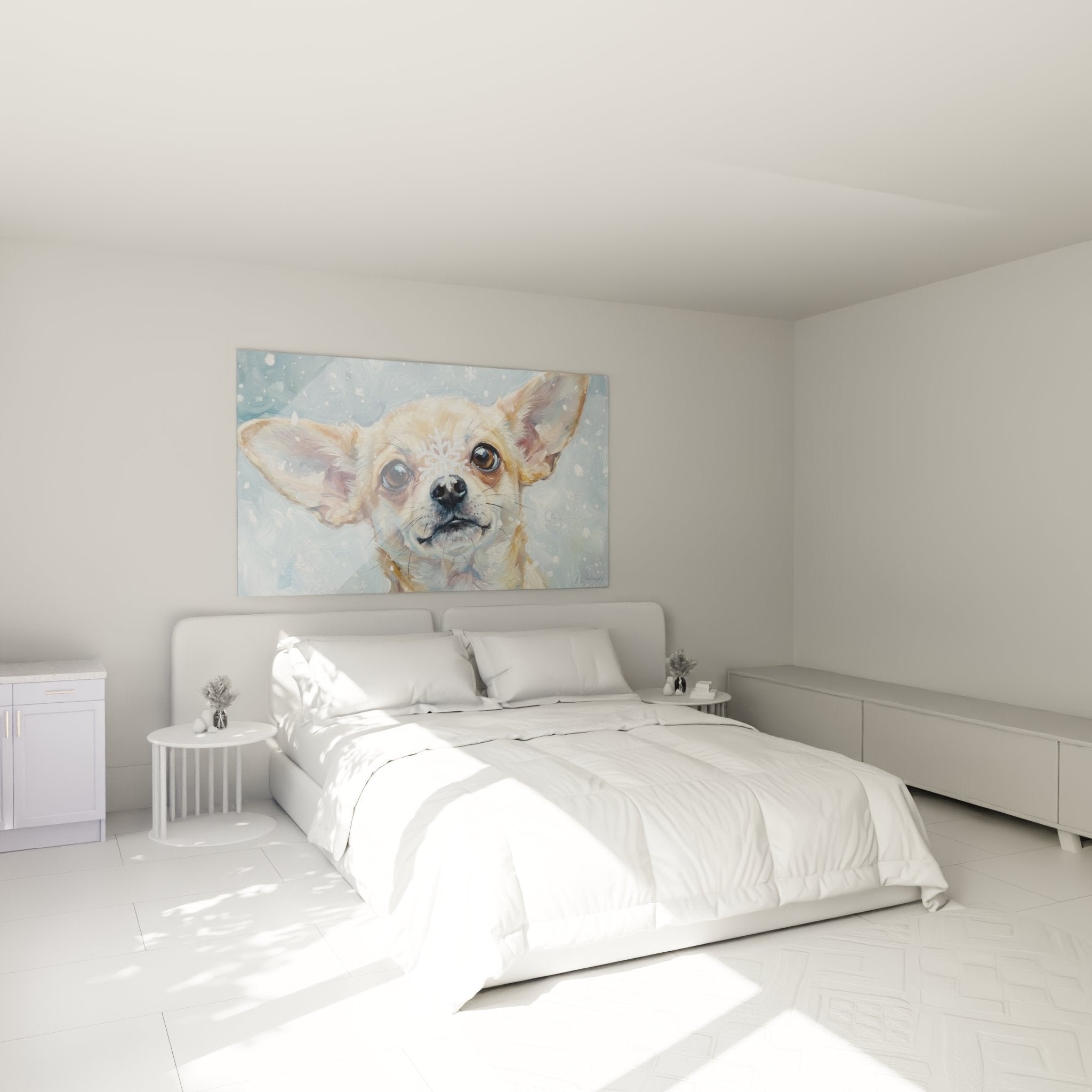 Tableau chihuahua hivernal accroche chambre decoration murale ambiance cocooning douce tendresse