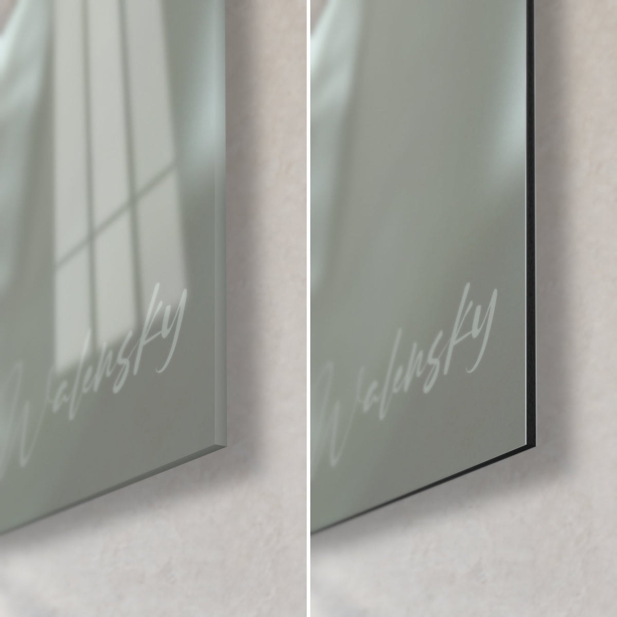 Wall art of a sleeping chow chow puppy, bottom right corner: glossy grey-green acrylic glass and matte black Dibond aluminium, 3 mm edge