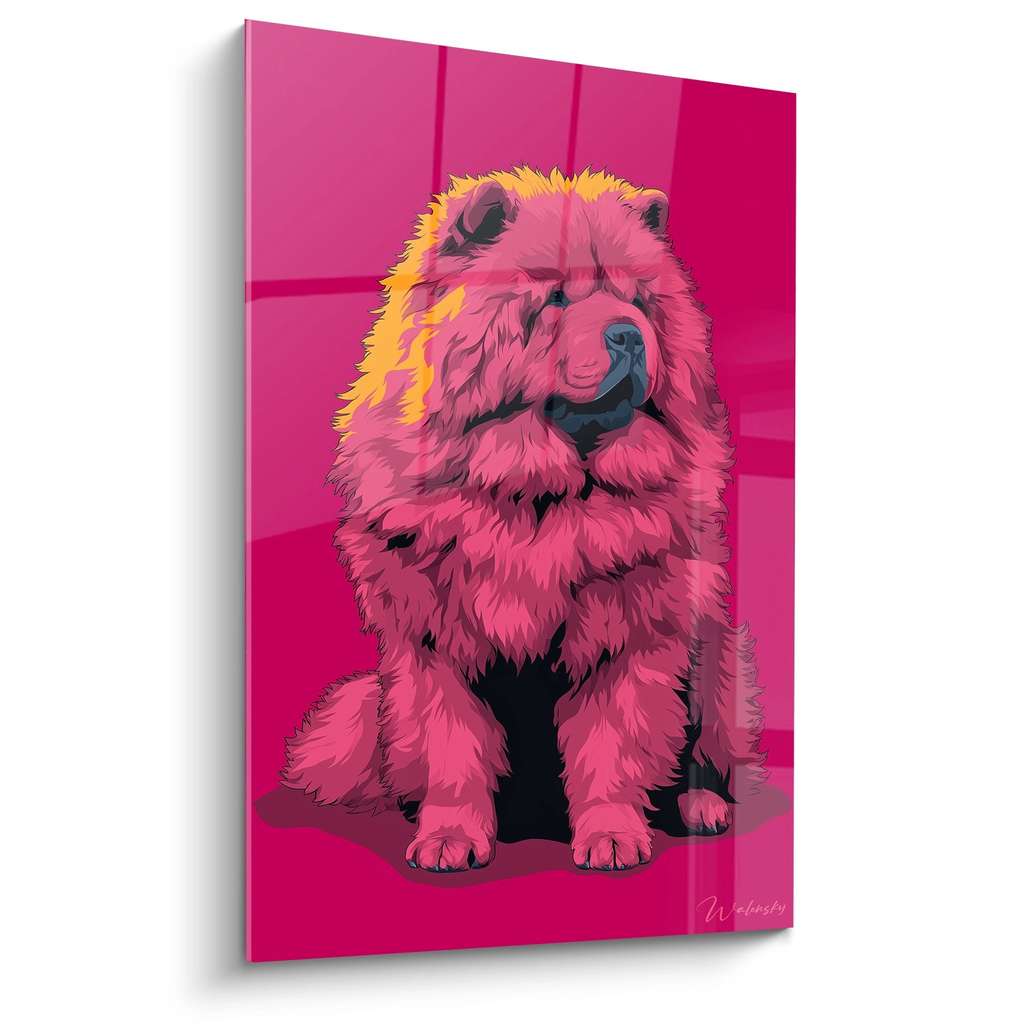 Portrait artistique chiot Chow Chow rose magenta reflets dorés sur fond dégradé rose tableau mural coloré