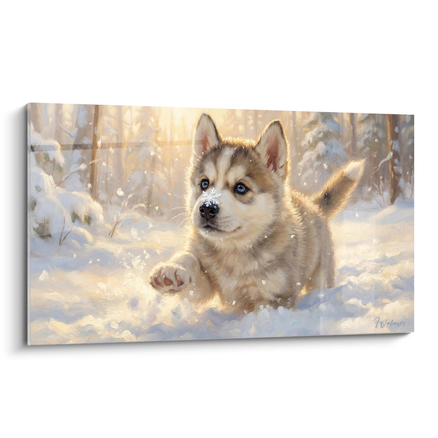Tableau Chiot Husky aux Yeux Bleus dans la Neige - Premier Hiver - Edition Husky Sibérien