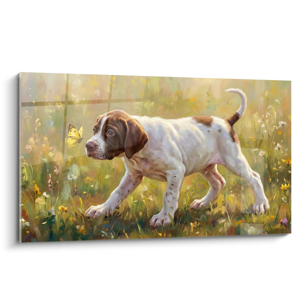Cuadro de Cachorro Blanco y Marrón en Prado Luminoso con Mariposa - Ternura Canina - Edición Pointer Inglés