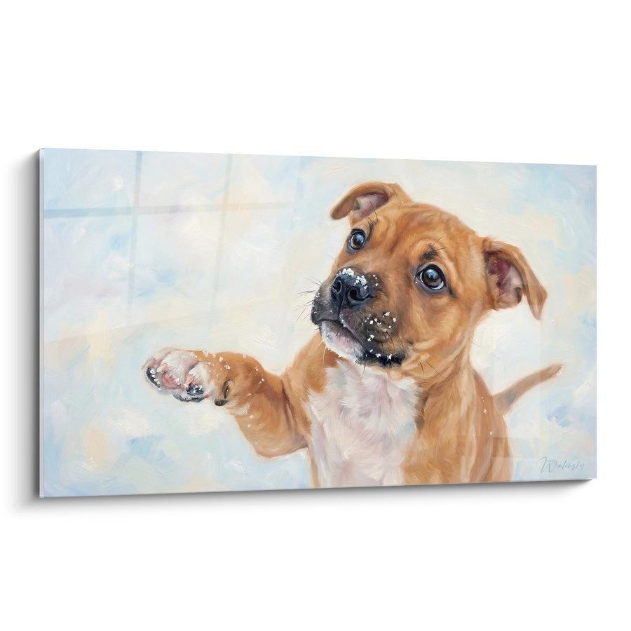 Tableau Chiot Fauve aux Yeux Bleus dans la Neige - Regard Espiègle - Edition Staffordshire Bulle Terrier
