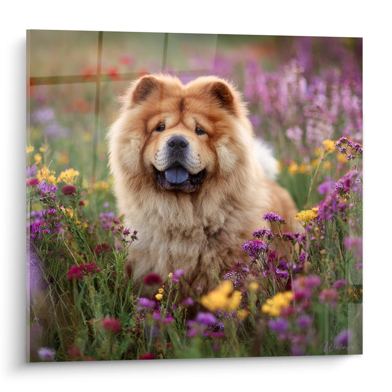 Dog Painting with Golden Tones in Colorful Flower Field - Countryside Happiness - Chow Chow Edition