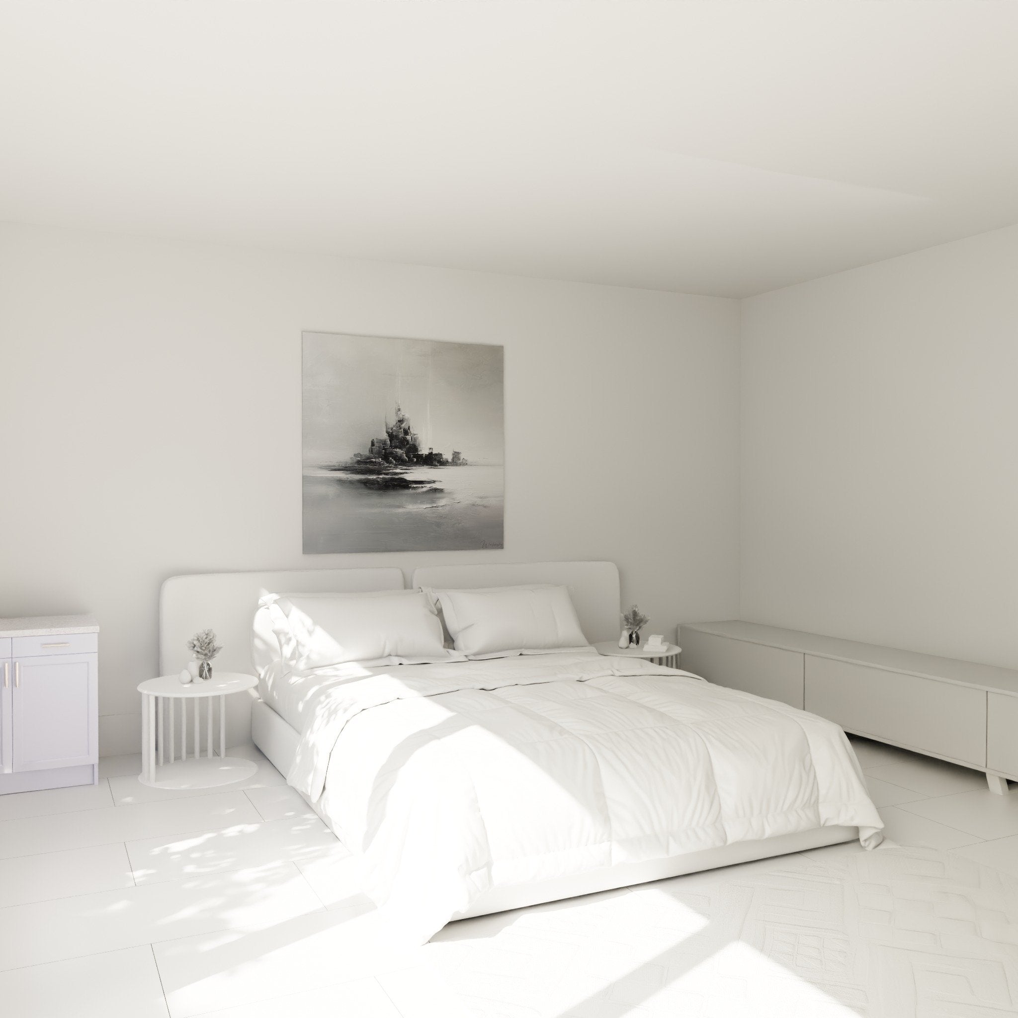 Ethereal citadel gray wall art in modern west metal feng shui bedroom with soothing ambiance