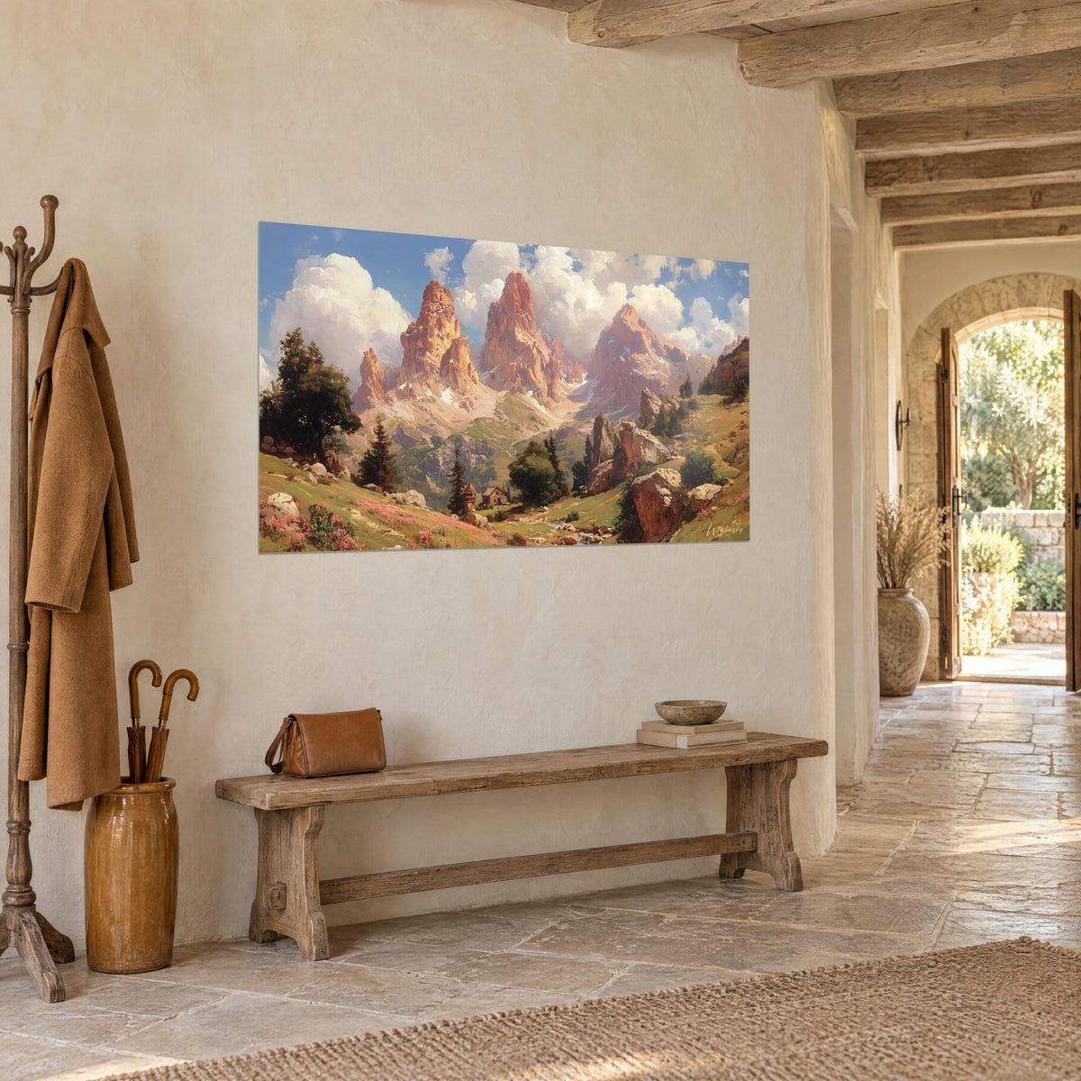 Wall art massive Dolomite mountain with ochre-pink spires, dark pines and blue sky, hung in an entrance hall of pale stone