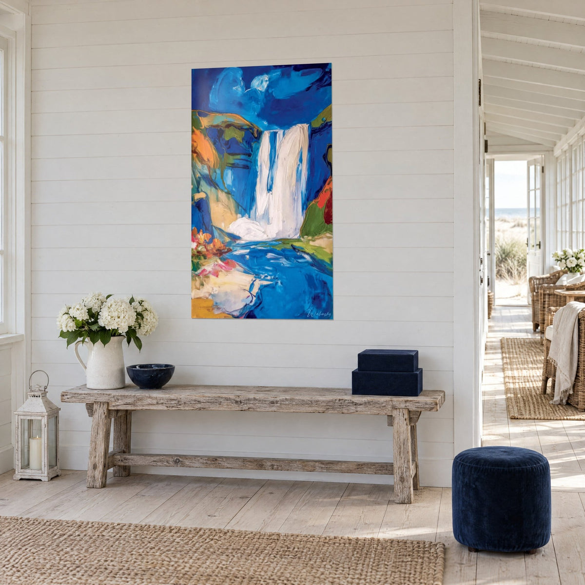 Wall art creamy cascade tumbling into an azure basin, touches of moss green and orange, three-quarter view, seaside