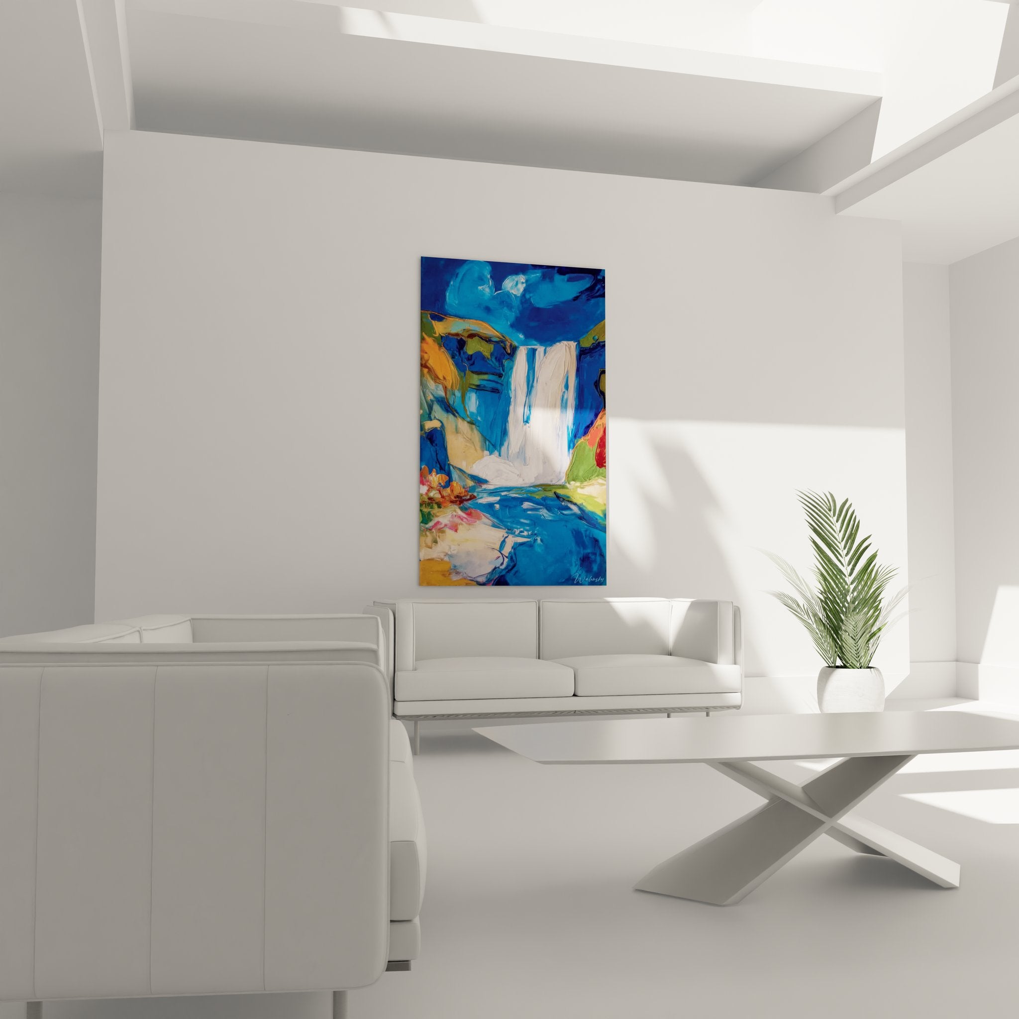 Détail gros plan tableau cascade abstraite - texture peinture bleue et blanche avec empâtements colorés