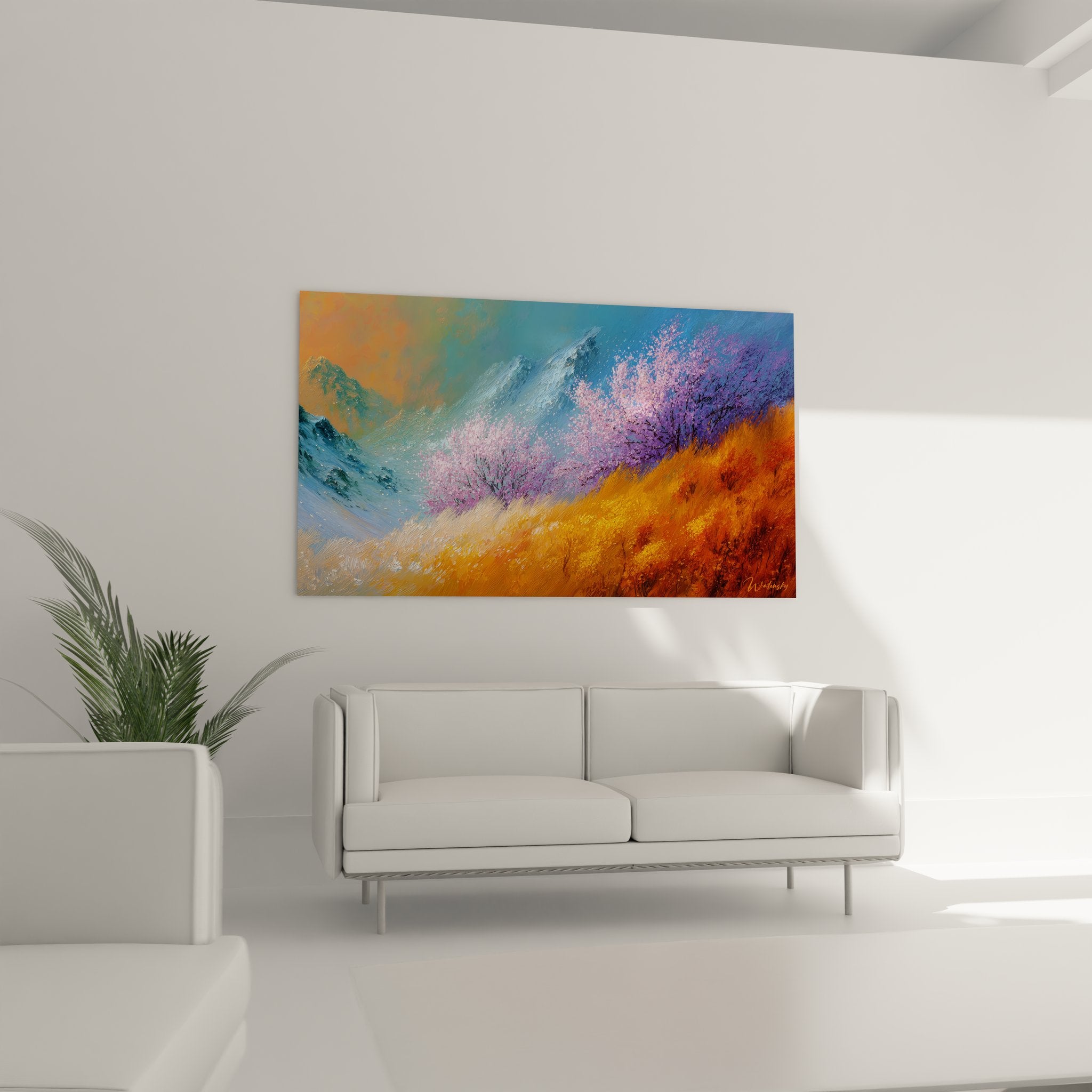 Gros plan tableau paysage montagne détails cerisiers roses fleuris et herbes dorées texturées