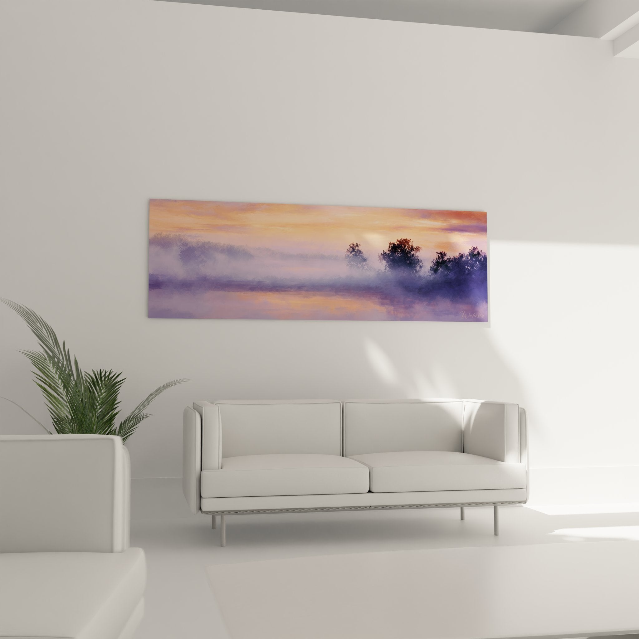 Détail tableau campagne brume matinale couleurs pastel orange violet silhouettes arbres technique peinture paysage