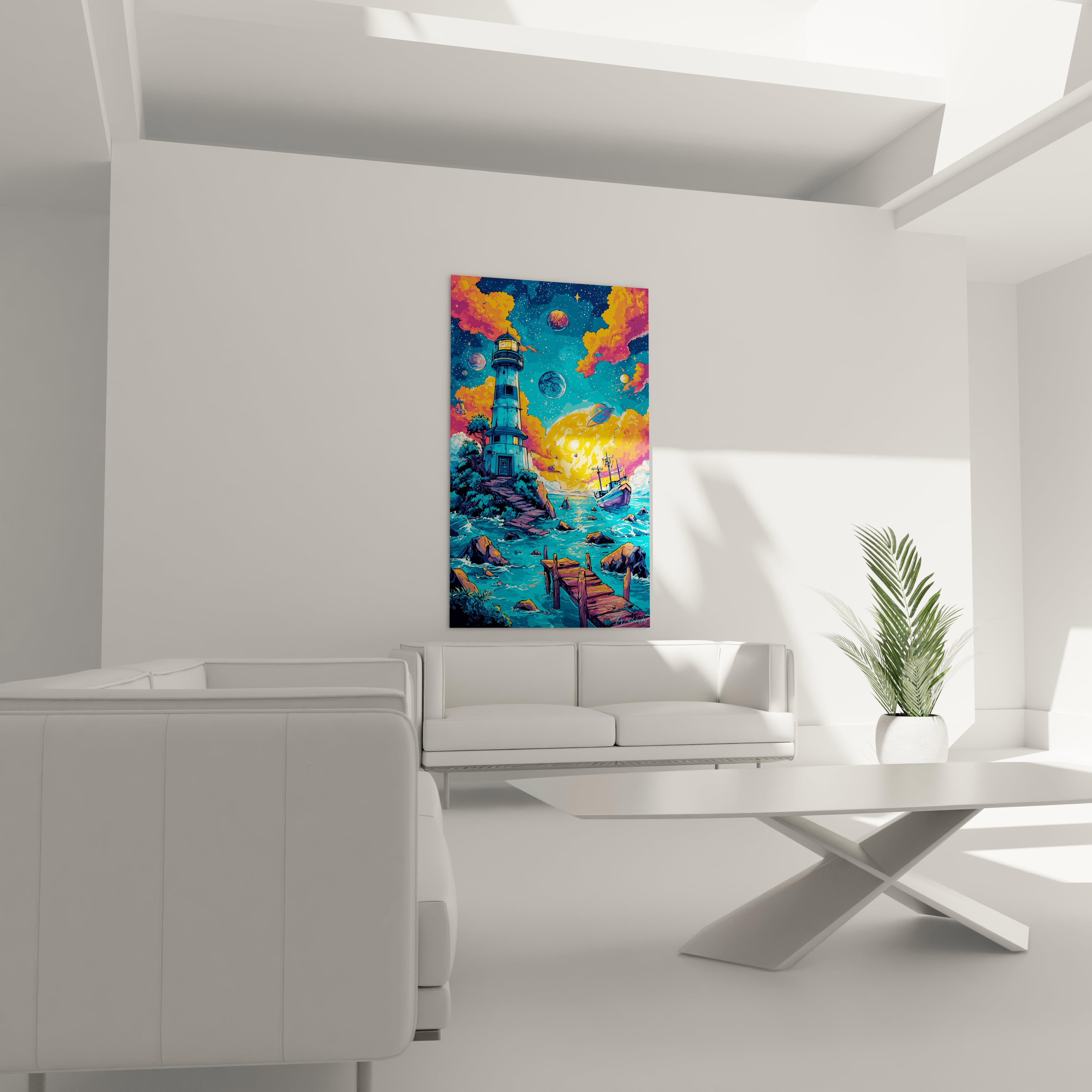 Gros plan détails tableau phare turquoise avec nuages orangés style bande dessiné
