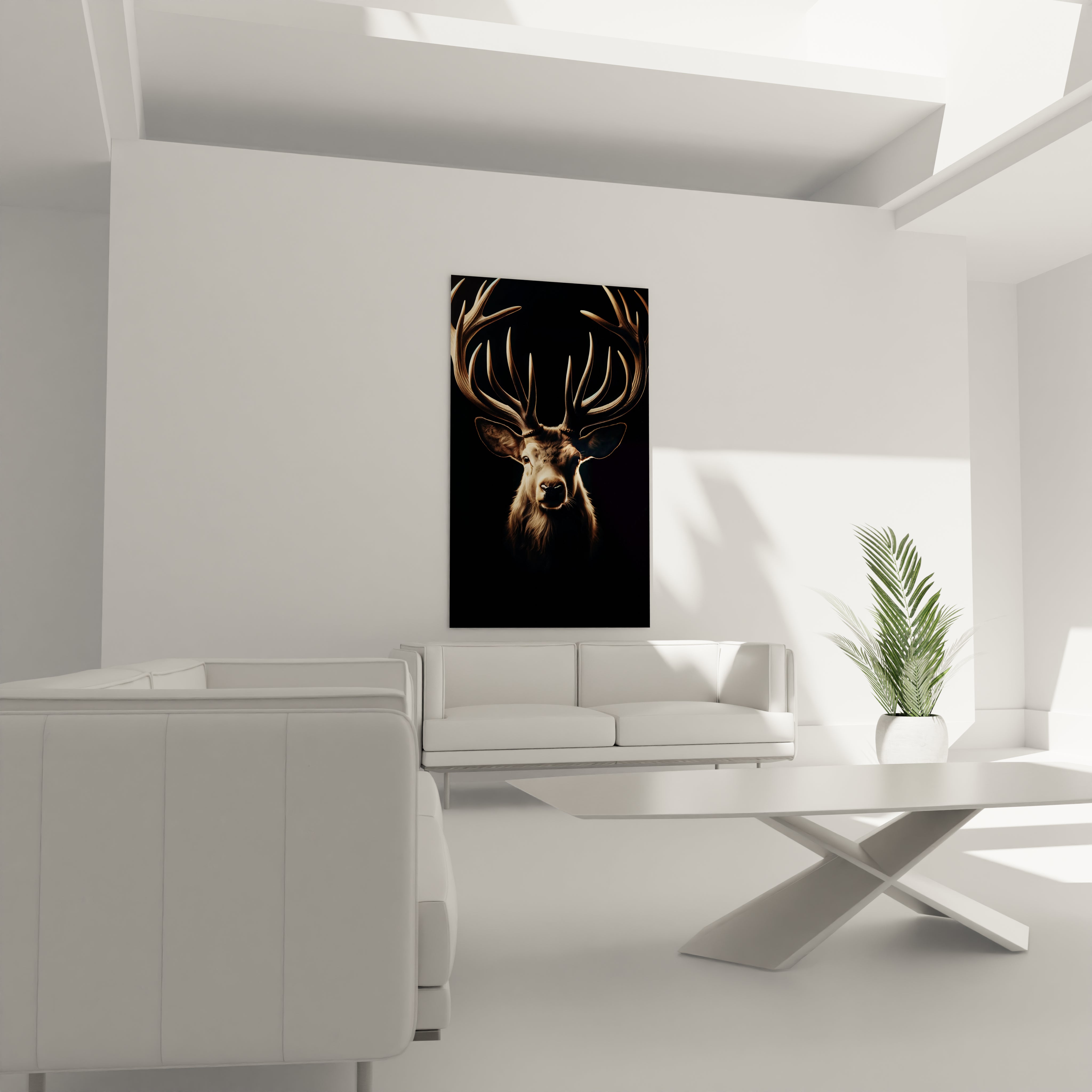 "Peinture moderne avec un cerf noble et spectaculaire, sur fond sombre, en verre acrylique premium."