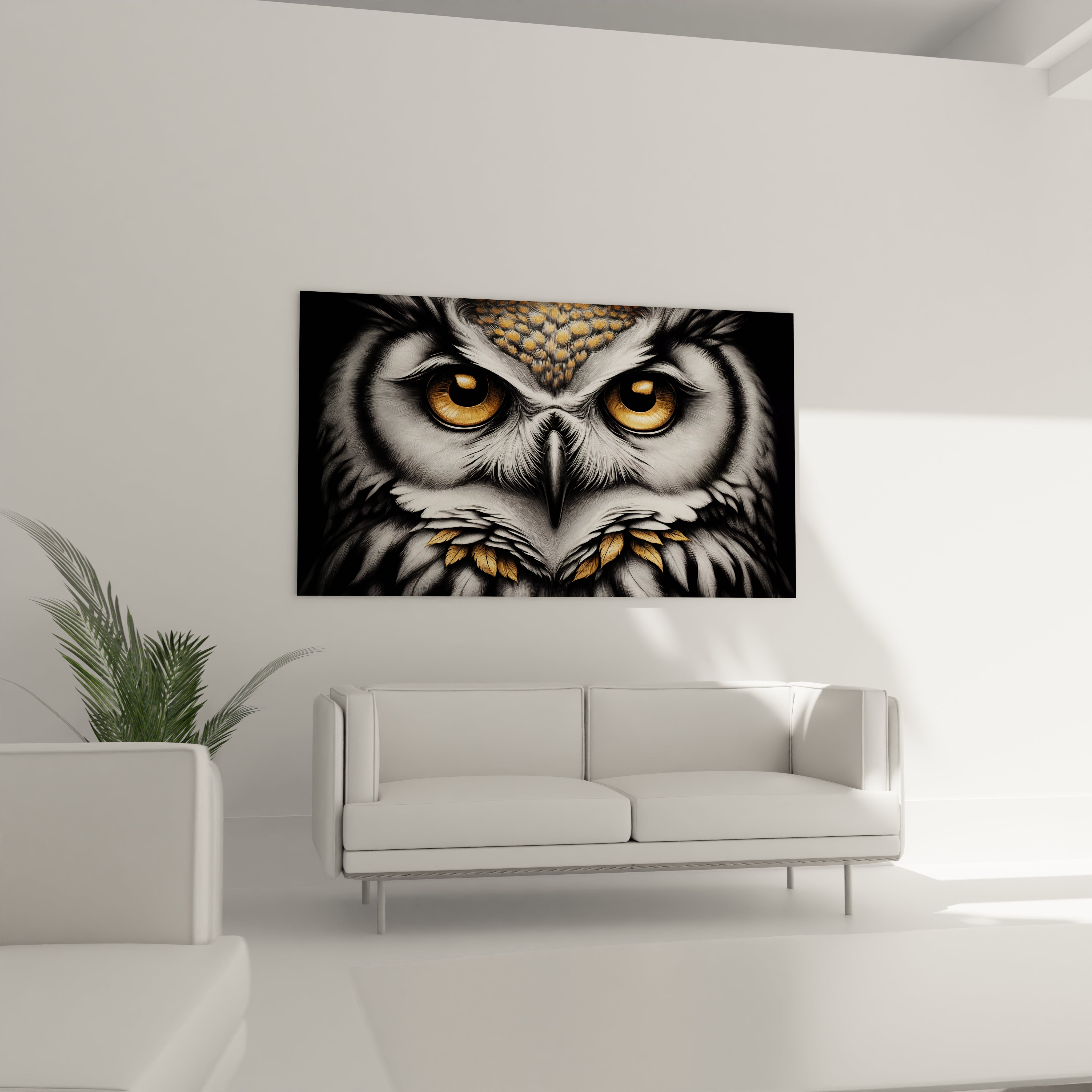 "Image d'un tableau contemporain montrant un hibou avec des reflets dorés, présenté dans un cadre en verre acrylique."