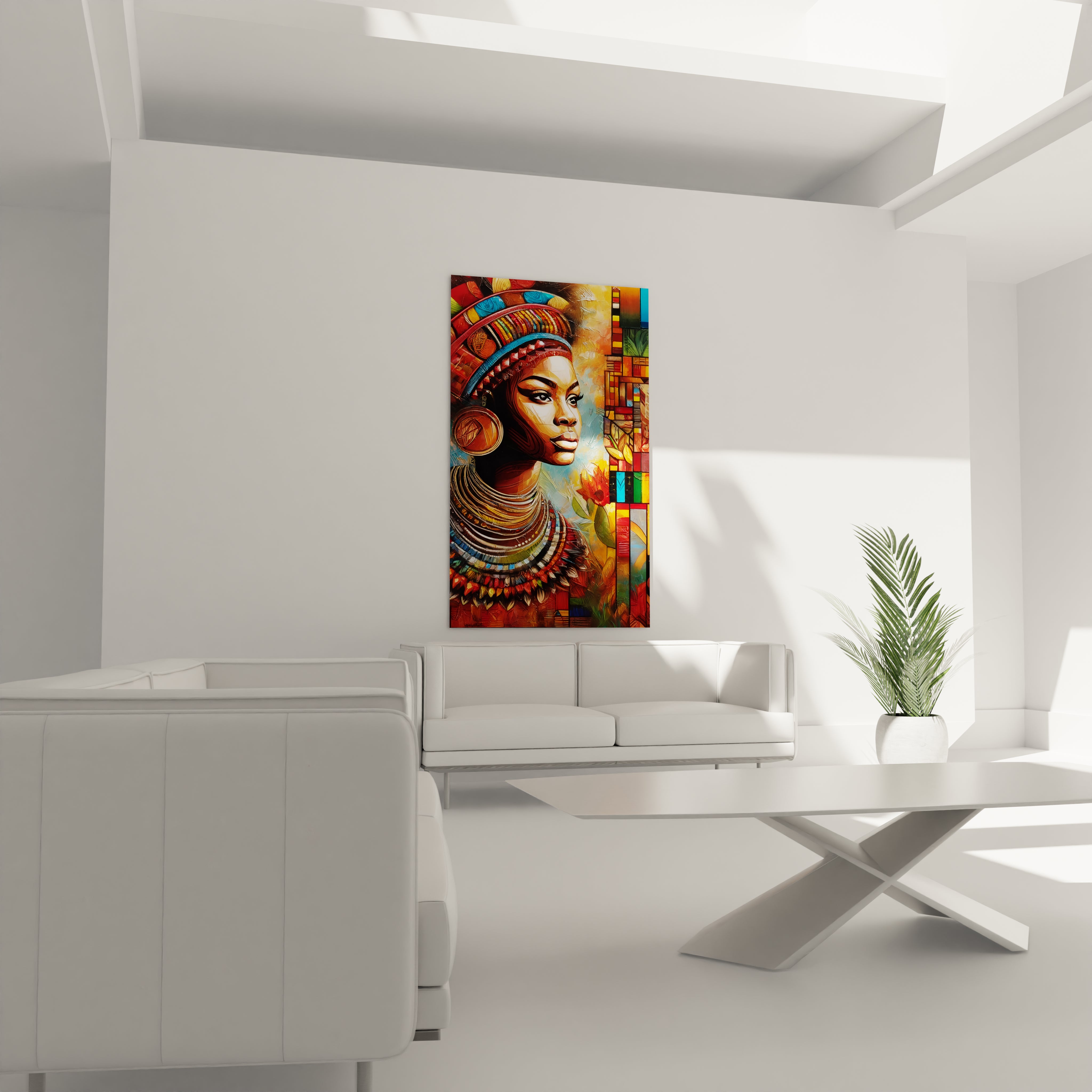 "Art mural africain en verre acrylique de la collection Africa, suspendu au-dessus d'un canapé dans un salon élégant. Cette décoration murale contemporaine est parfaite pour sublimer votre espace de vie avec des motifs africains inspirants. Parfait pour les salons, les salles de séjour et les bureaux à domicile à la décoration moderne."