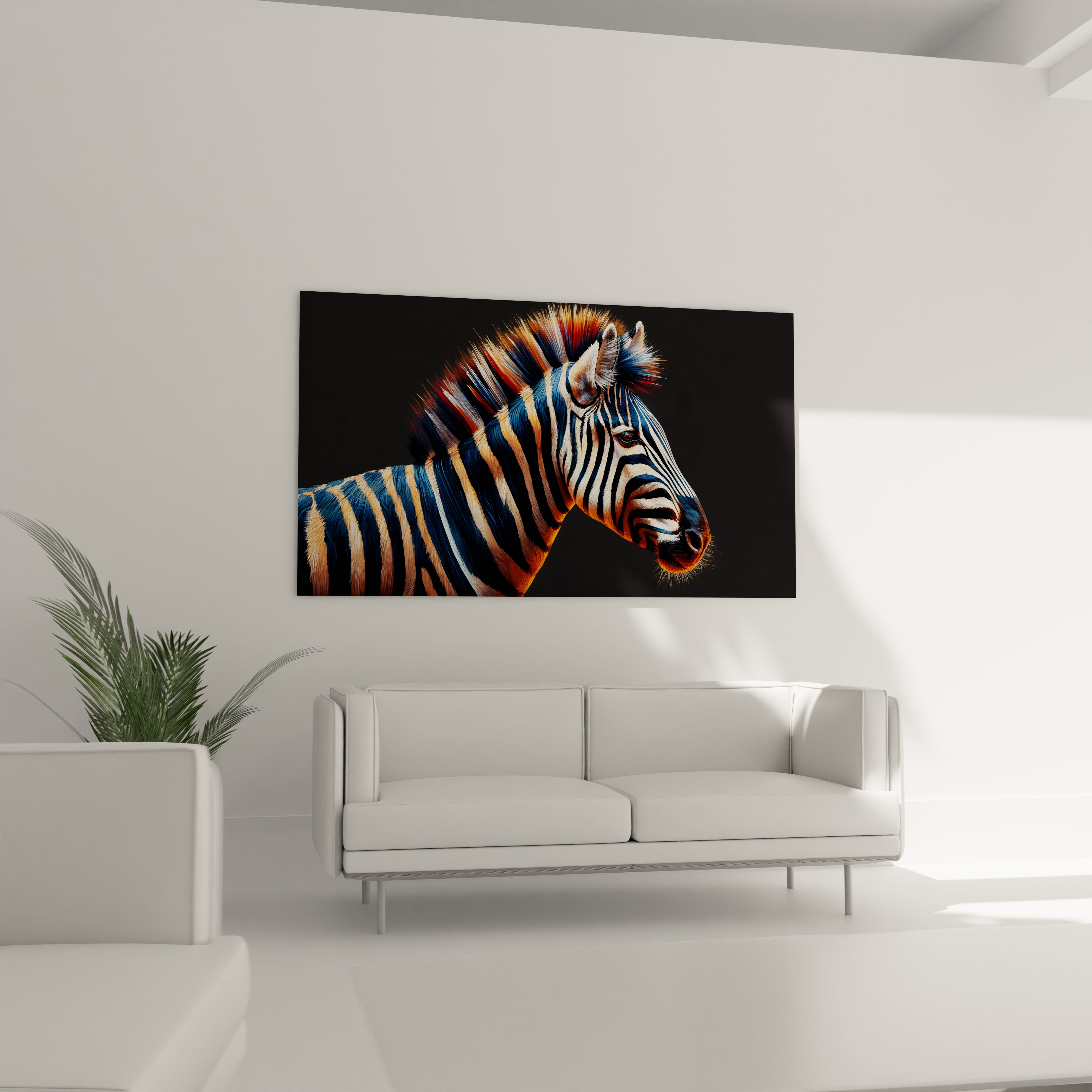 "Peinture de zèbre avec des nuances de rouge et orange, capturant l'esprit de la savane, en verre acrylique premium."