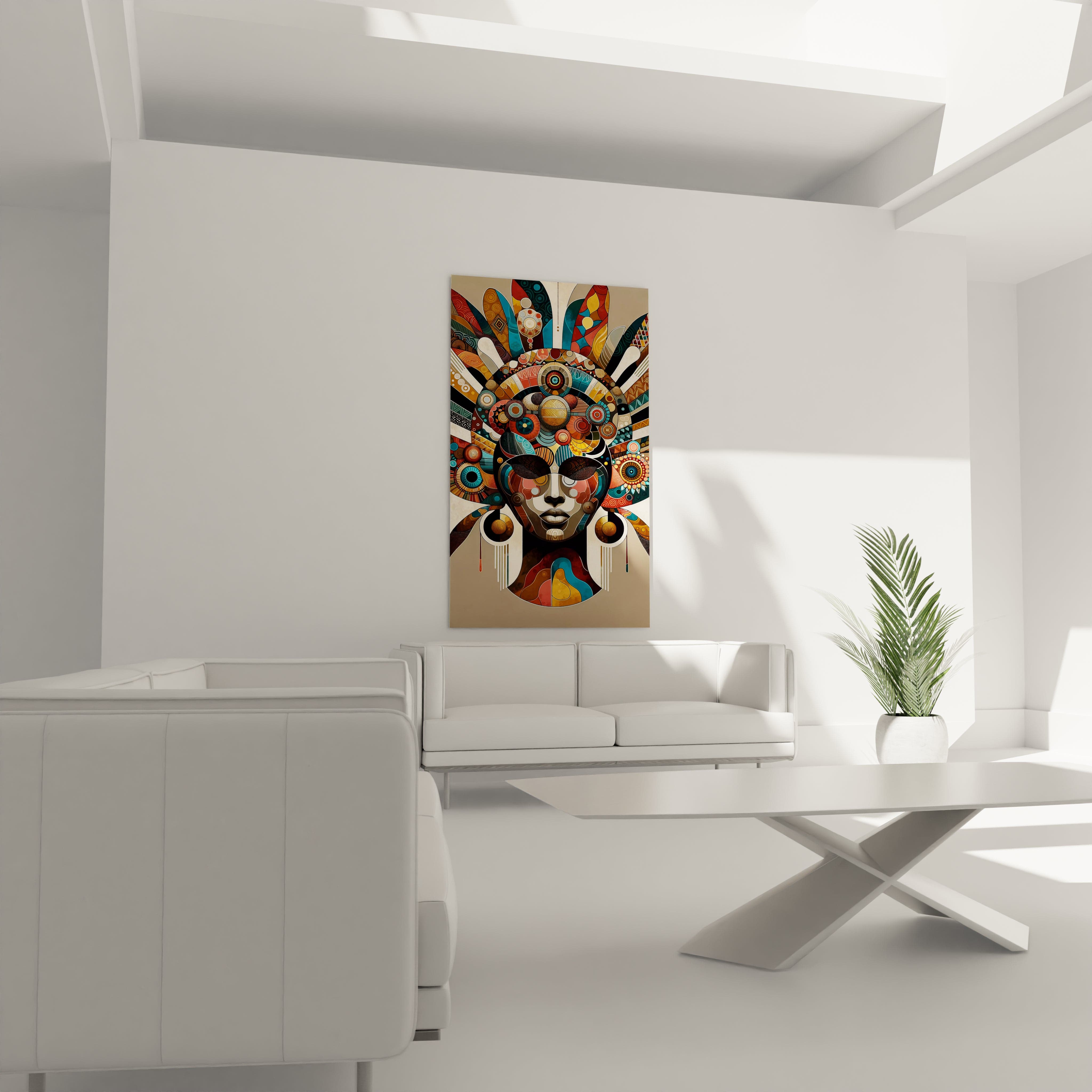 "Art mural africain en verre acrylique de la collection Africa, suspendu au-dessus d'un canapé dans un salon élégant. Cette décoration murale contemporaine est parfaite pour sublimer votre espace de vie avec des motifs africains inspirants. Parfait pour les salons, les salles de séjour et les bureaux à domicile à la décoration moderne."