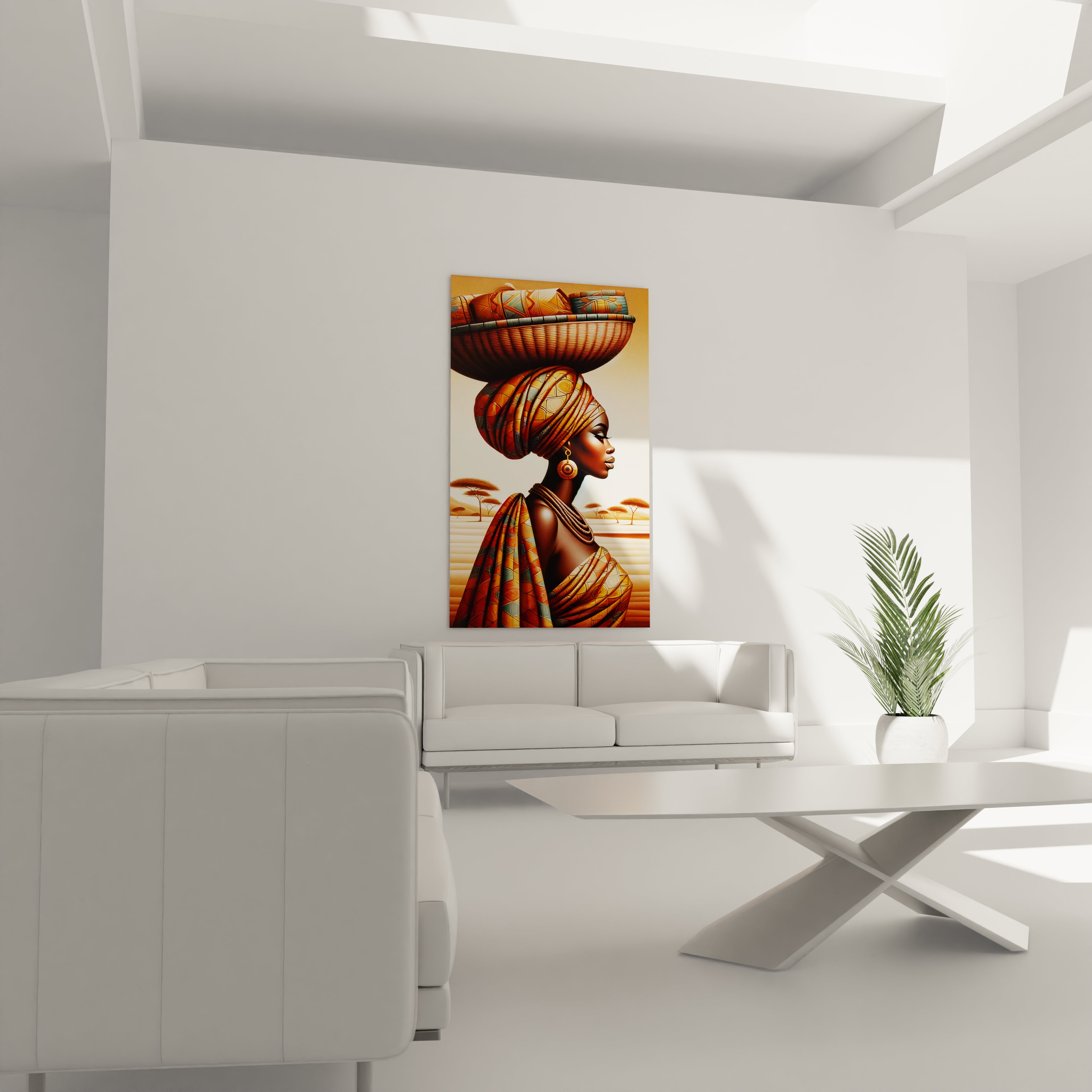 "Art mural africain en verre acrylique de la collection Africa, suspendu au-dessus d'un canapé dans un salon élégant. Cette décoration murale contemporaine est parfaite pour sublimer votre espace de vie avec des motifs africains inspirants. Parfait pour les salons, les salles de séjour et les bureaux à domicile à la décoration moderne."