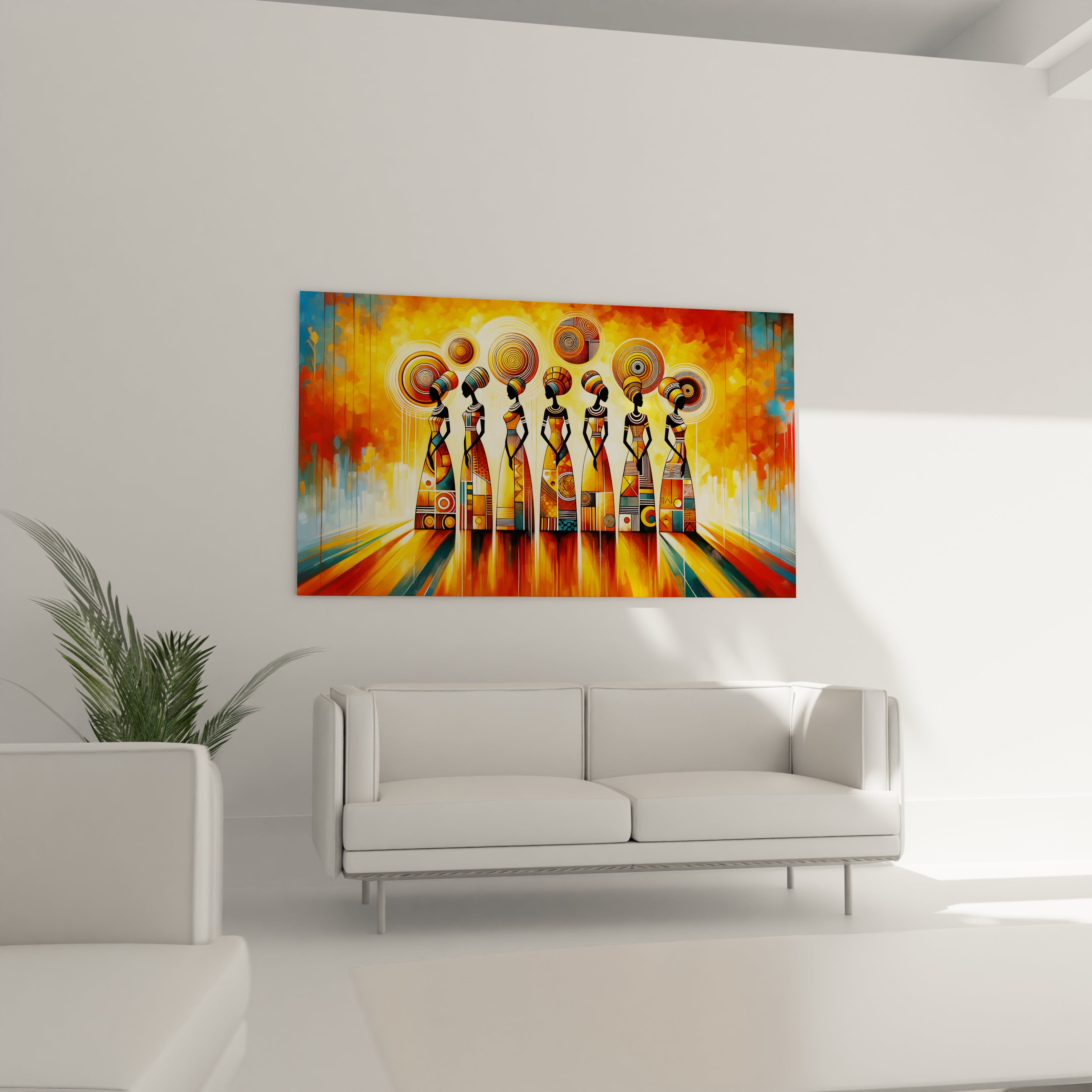 "Art mural africain en verre acrylique de la collection Africa, suspendu au-dessus d'un canapé dans un salon élégant. Cette décoration murale contemporaine est parfaite pour sublimer votre espace de vie avec des motifs africains inspirants. Parfait pour les salons, les salles de séjour et les bureaux à domicile à la décoration moderne."