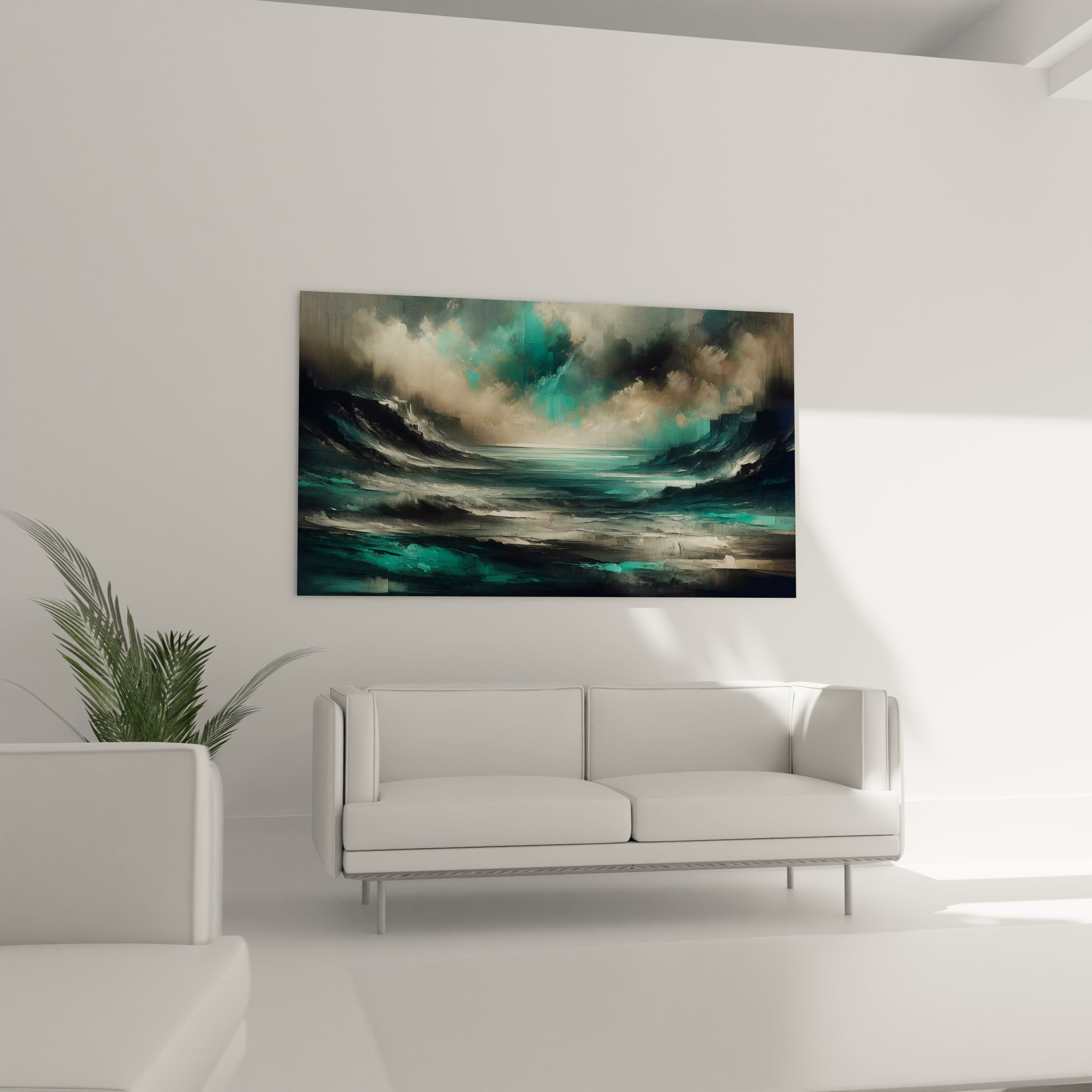 Tableau abstrait acrylique "Tempête Apaisante" installé sur un mur, montrant son impact visuel apaisant et sa grande taille adaptée aux espaces modernes.