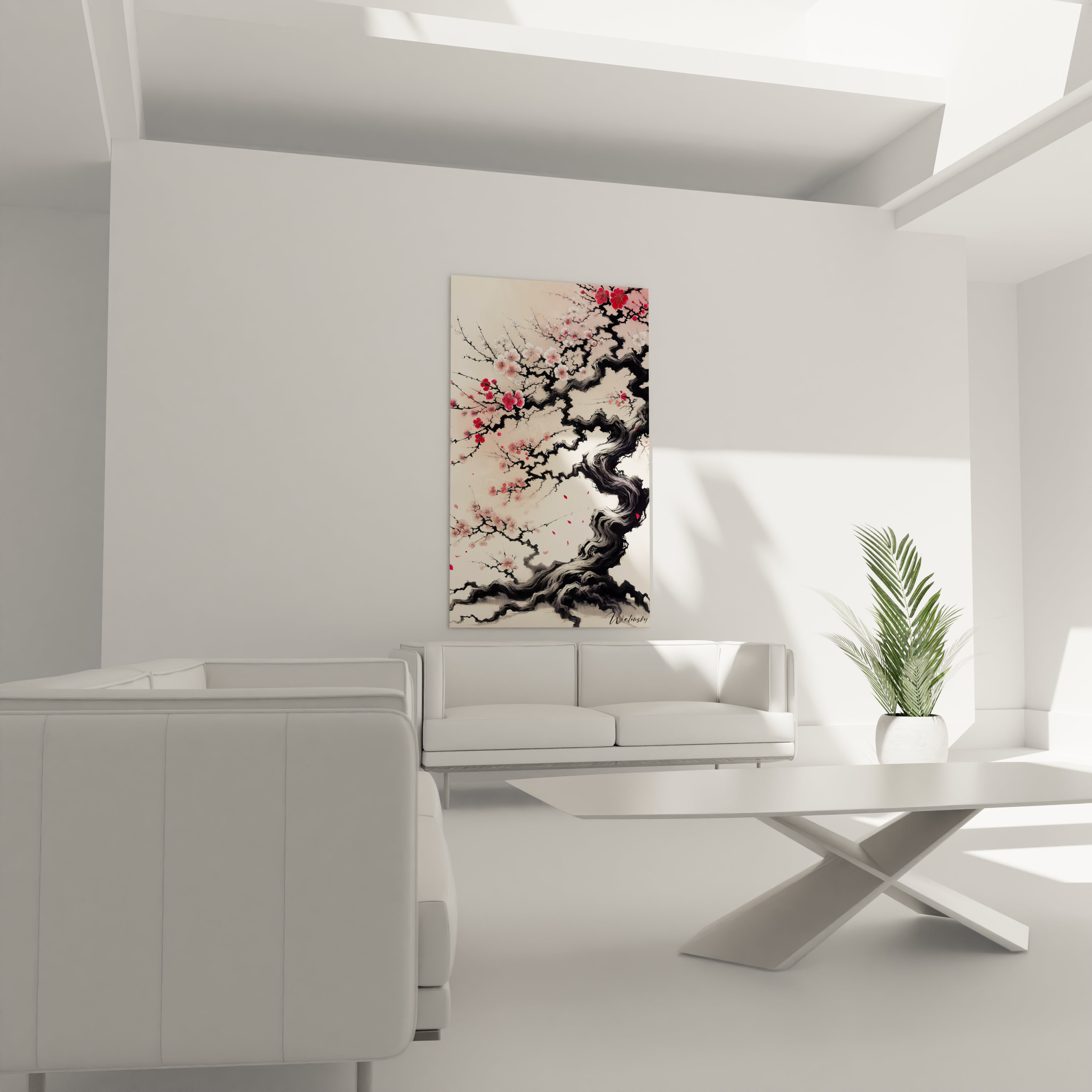 "Salon contemporain avec tableau en verre acrylique Japon / Asiatique suspendu au-dessus du canapé. Art mural inspiré de la culture asiatique, créant une ambiance paisible et élégante."