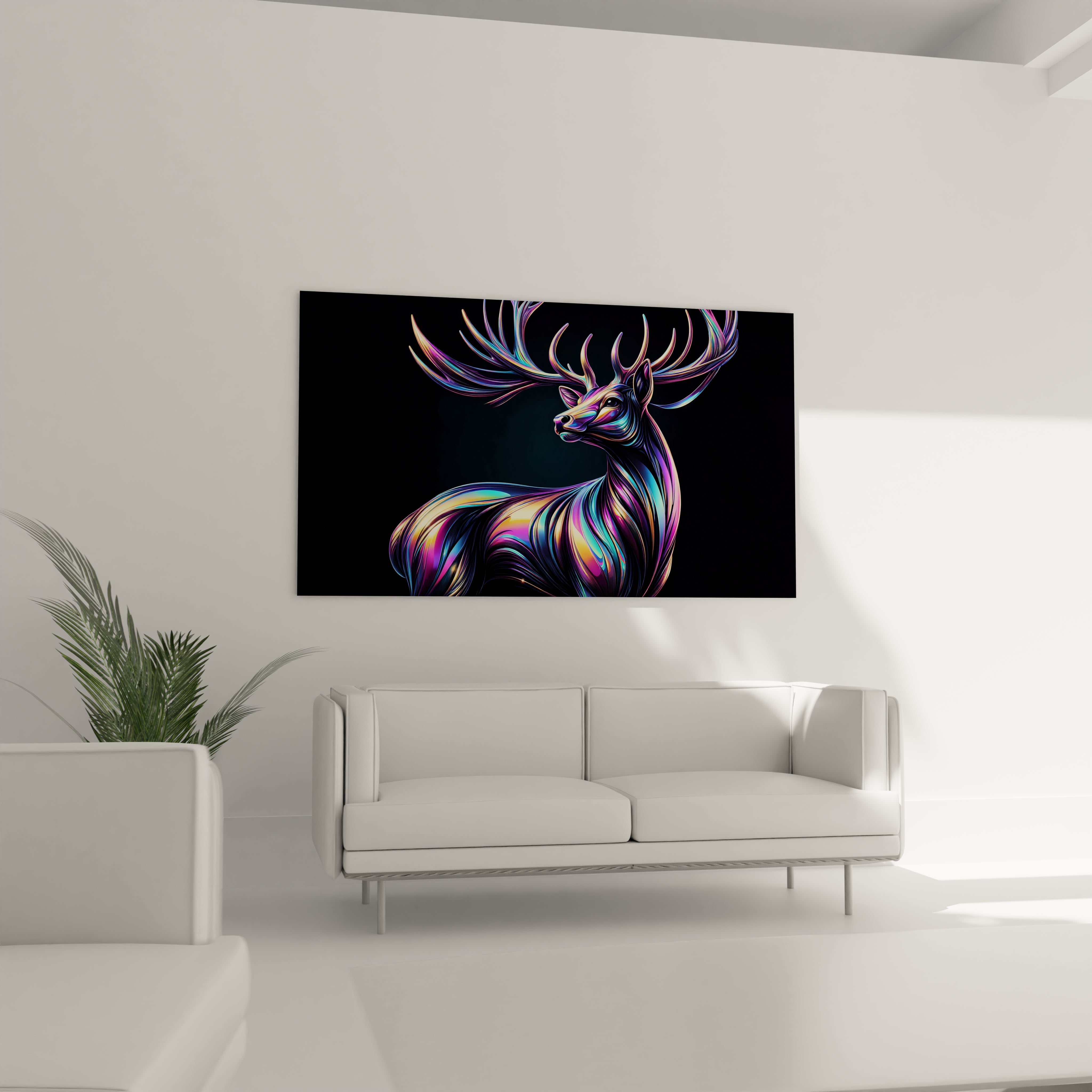 Œuvre d'art en verre acrylique illustrant un cerf dans une palette de couleurs vives, parfait pour une touche élégante.