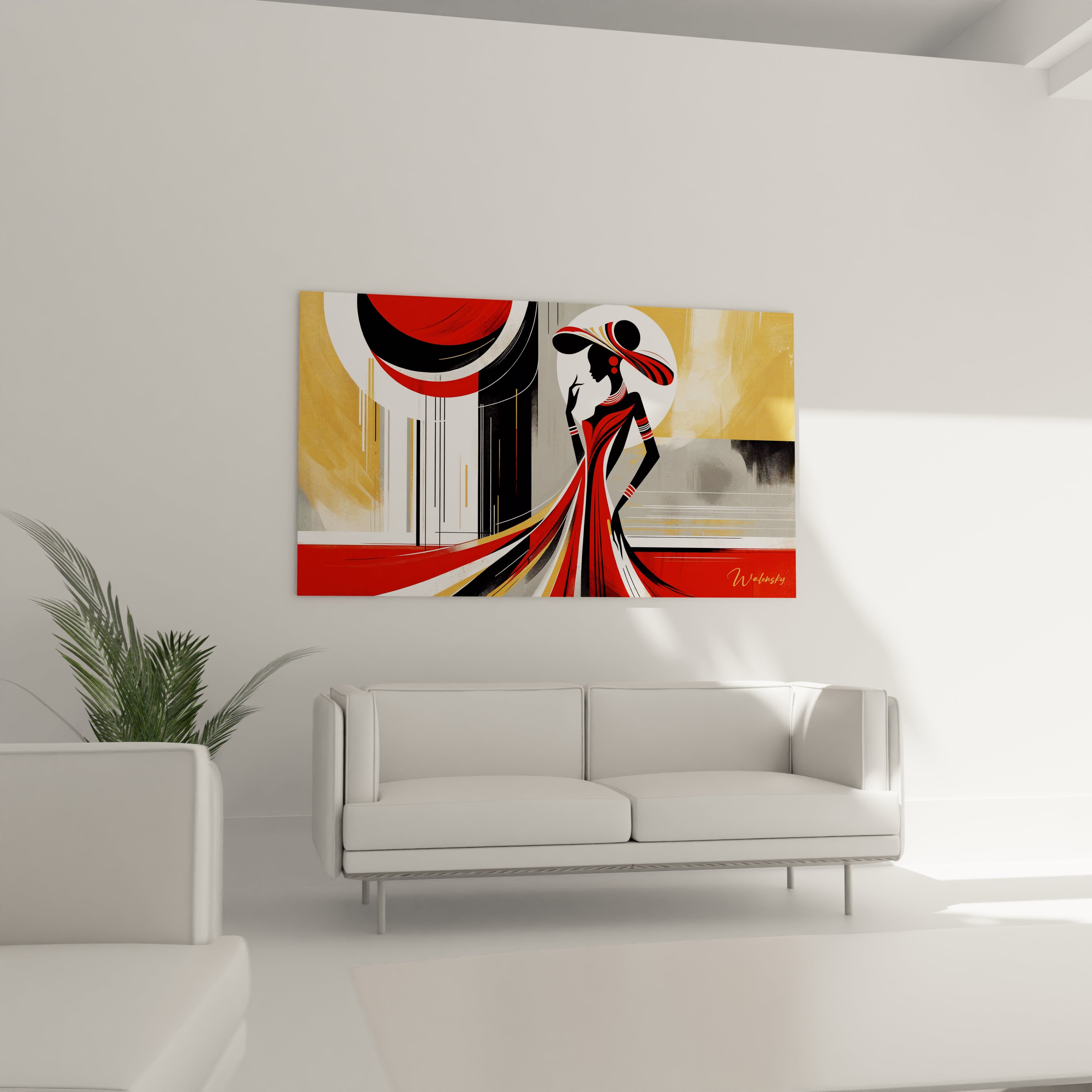 "Art mural africain en verre acrylique de la collection Africa, suspendu au-dessus d'un canapé dans un salon élégant. Cette décoration murale contemporaine est parfaite pour sublimer votre espace de vie avec des motifs africains inspirants. Parfait pour les salons, les salles de séjour et les bureaux à domicile à la décoration moderne."