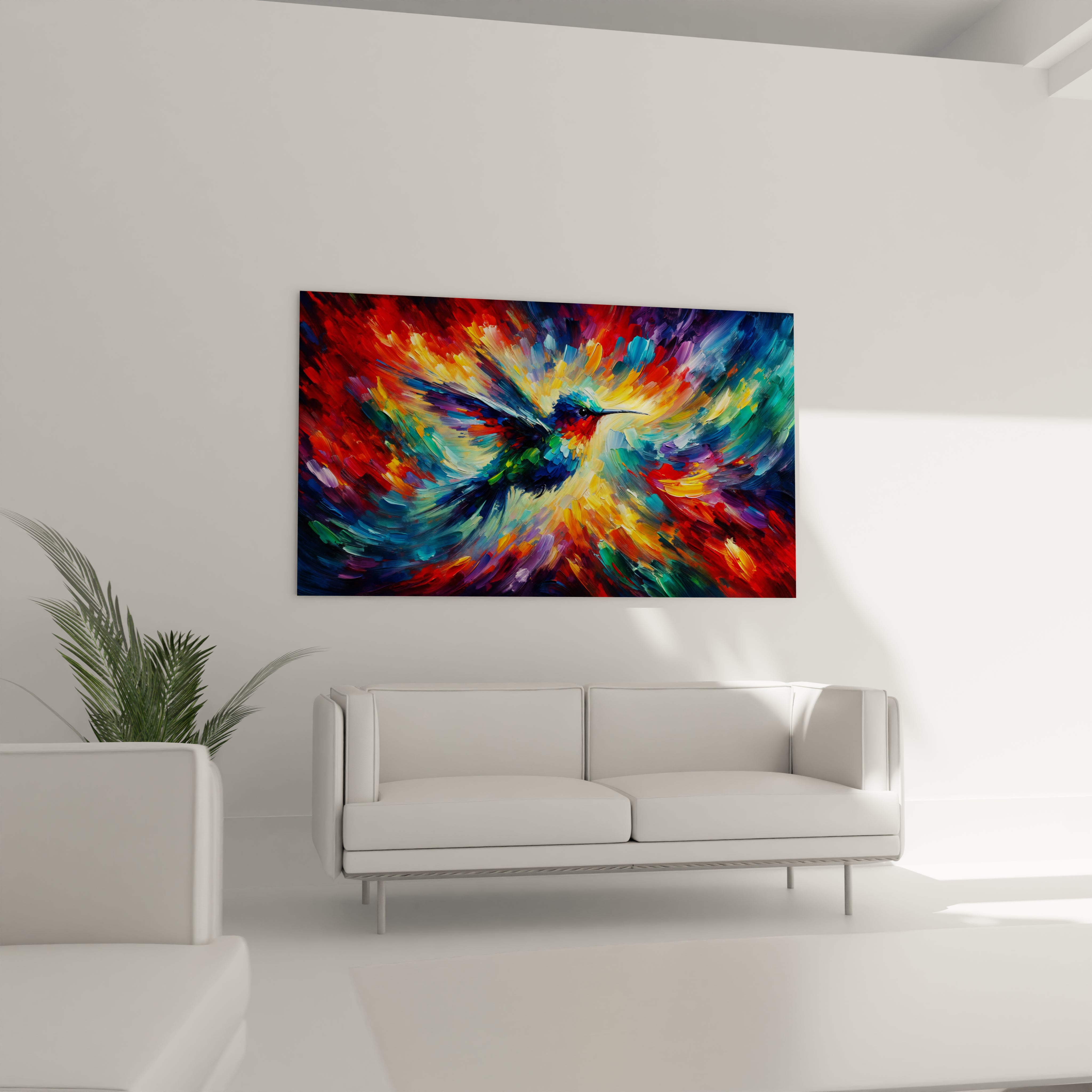 Tableau "Colibri en Explosion de Couleurs" en verre acrylique accroché à un mur, montrant son impact visuel impressionnant et sa haute qualité.