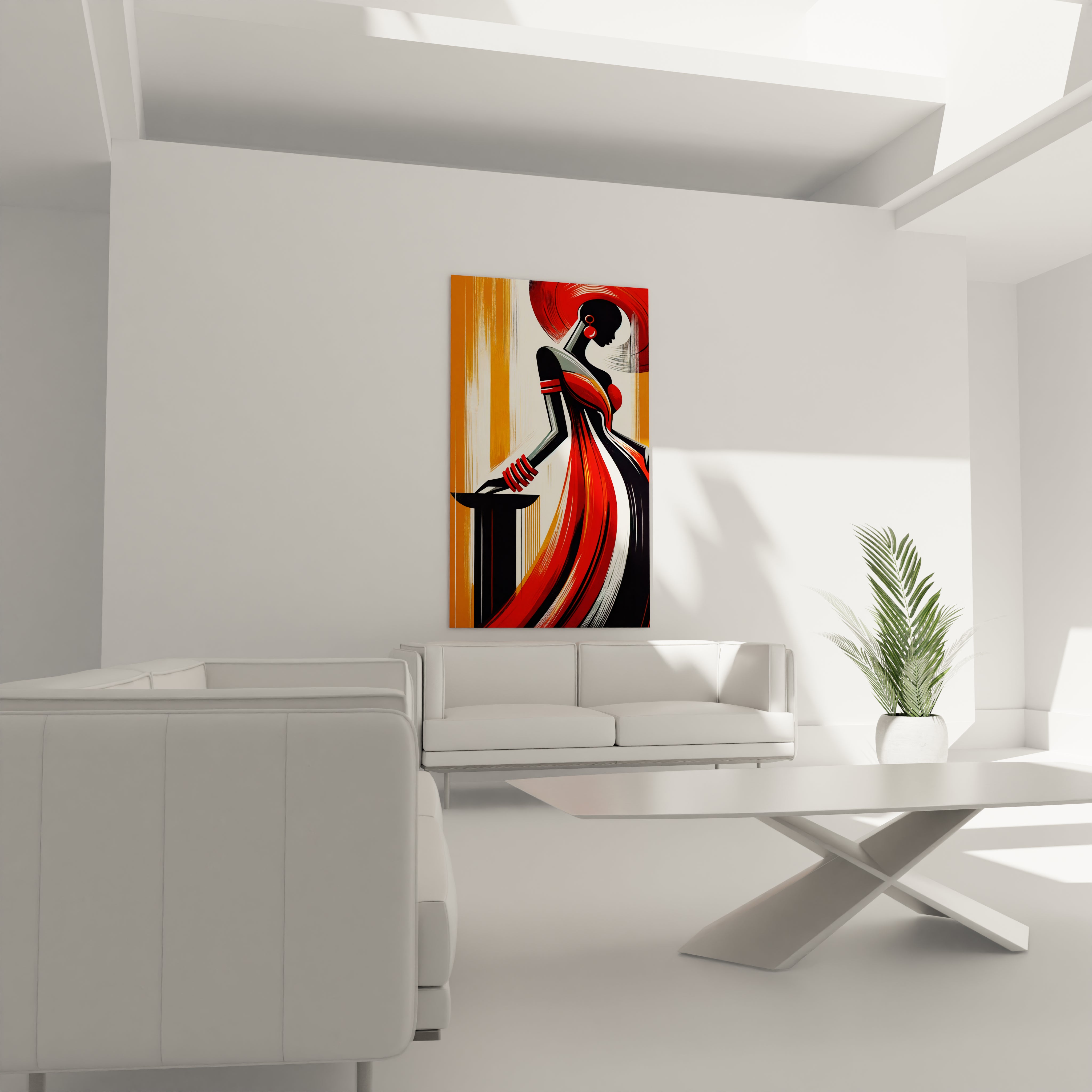 "Art mural africain en verre acrylique de la collection Africa, suspendu au-dessus d'un canapé dans un salon élégant. Cette décoration murale contemporaine est parfaite pour sublimer votre espace de vie avec des motifs africains inspirants. Parfait pour les salons, les salles de séjour et les bureaux à domicile à la décoration moderne."