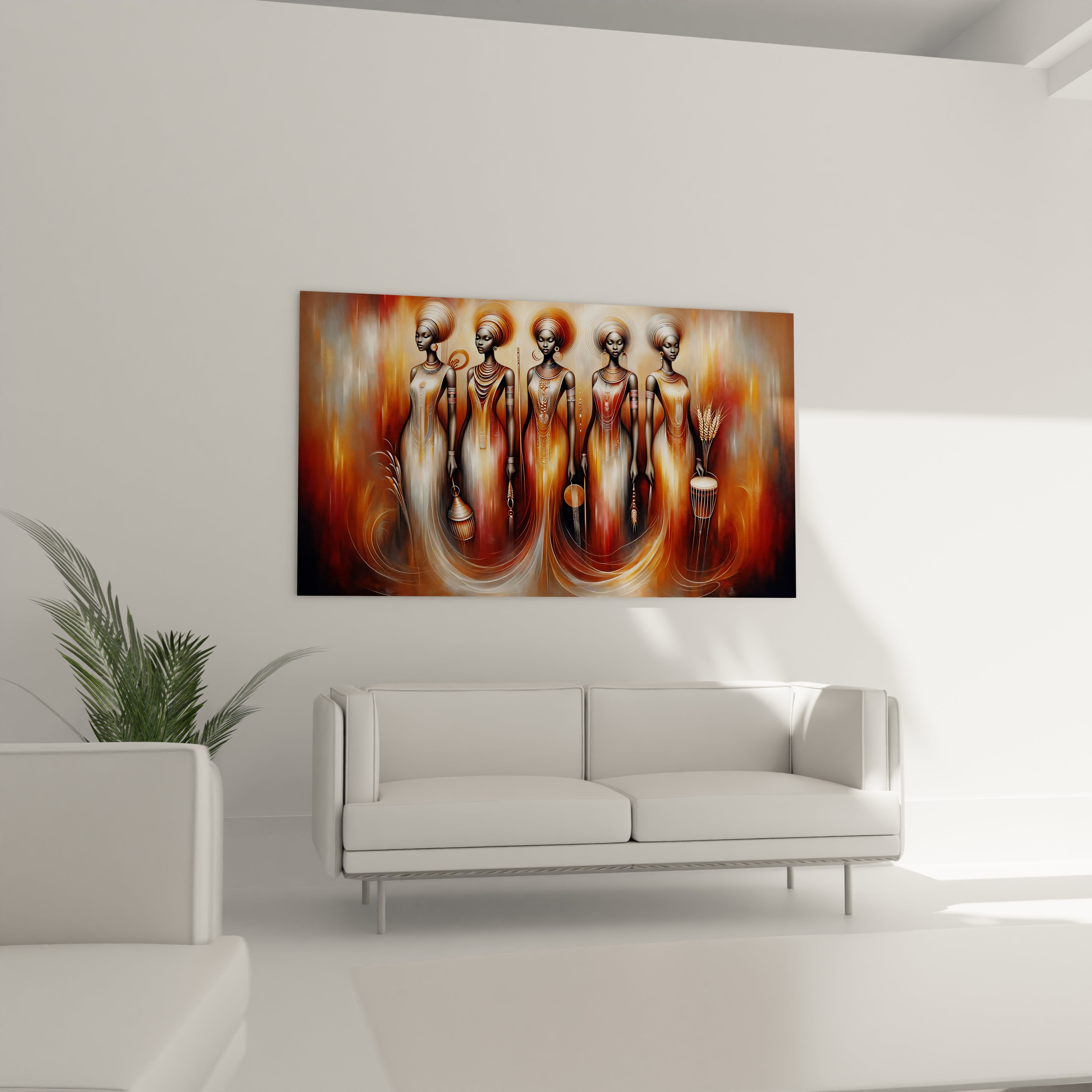 "Art mural africain en verre acrylique de la collection Africa, suspendu au-dessus d'un canapé dans un salon élégant. Cette décoration murale contemporaine est parfaite pour sublimer votre espace de vie avec des motifs africains inspirants. Parfait pour les salons, les salles de séjour et les bureaux à domicile à la décoration moderne."