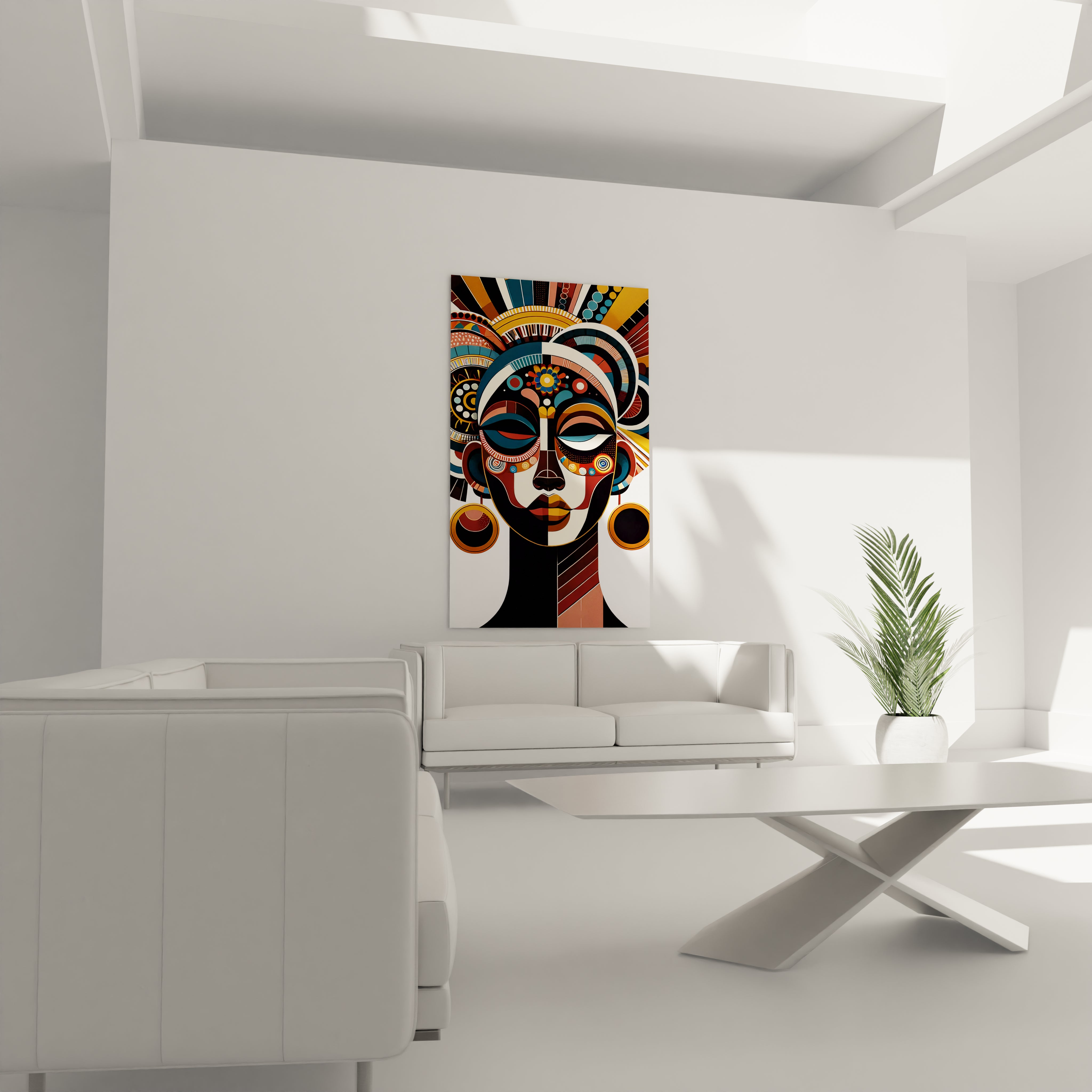 "Art mural africain en verre acrylique de la collection Africa, suspendu au-dessus d'un canapé dans un salon élégant. Cette décoration murale contemporaine est parfaite pour sublimer votre espace de vie avec des motifs africains inspirants. Parfait pour les salons, les salles de séjour et les bureaux à domicile à la décoration moderne."