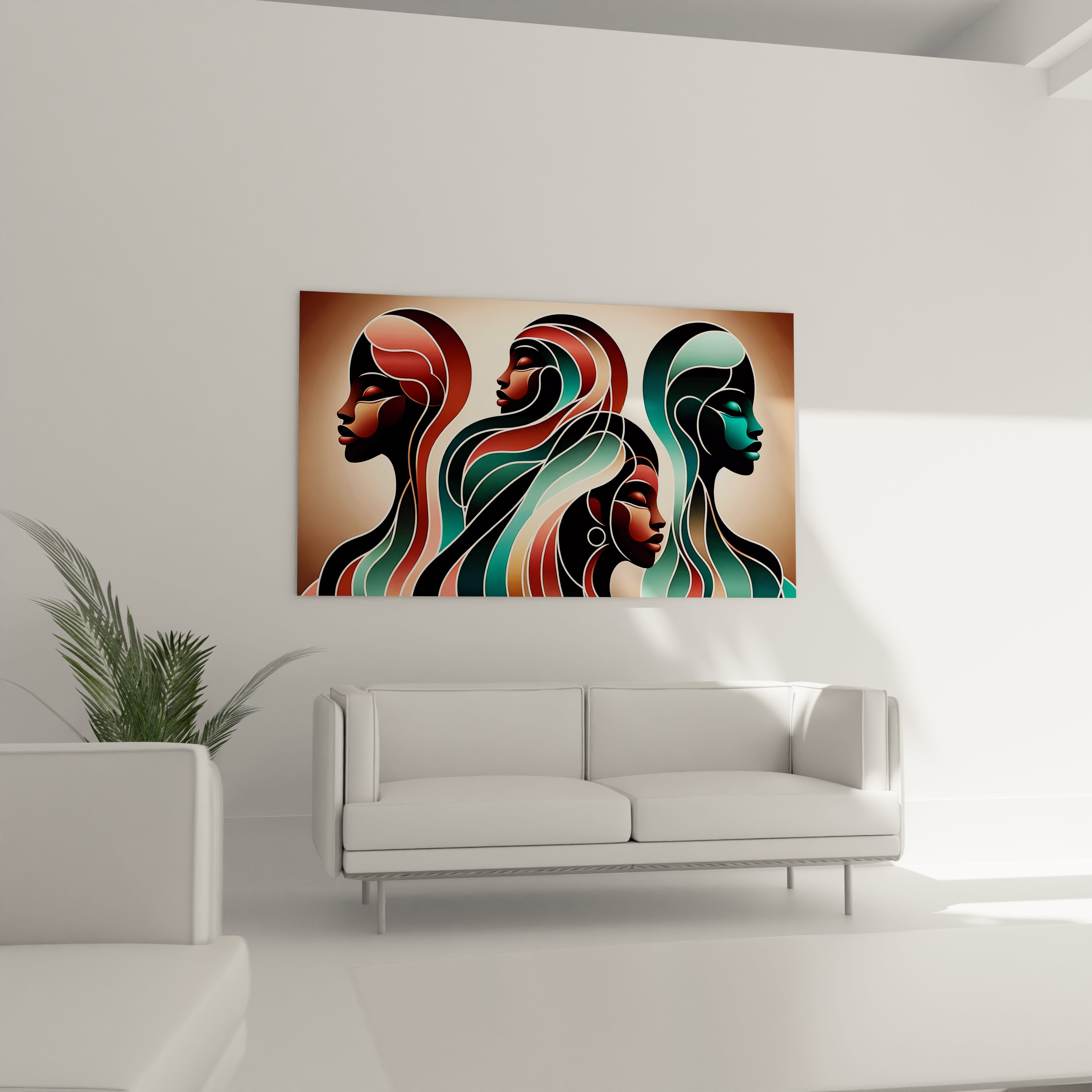 "Art mural africain en verre acrylique de la collection Africa, suspendu au-dessus d'un canapé dans un salon élégant. Cette décoration murale contemporaine est parfaite pour sublimer votre espace de vie avec des motifs africains inspirants. Parfait pour les salons, les salles de séjour et les bureaux à domicile à la décoration moderne."