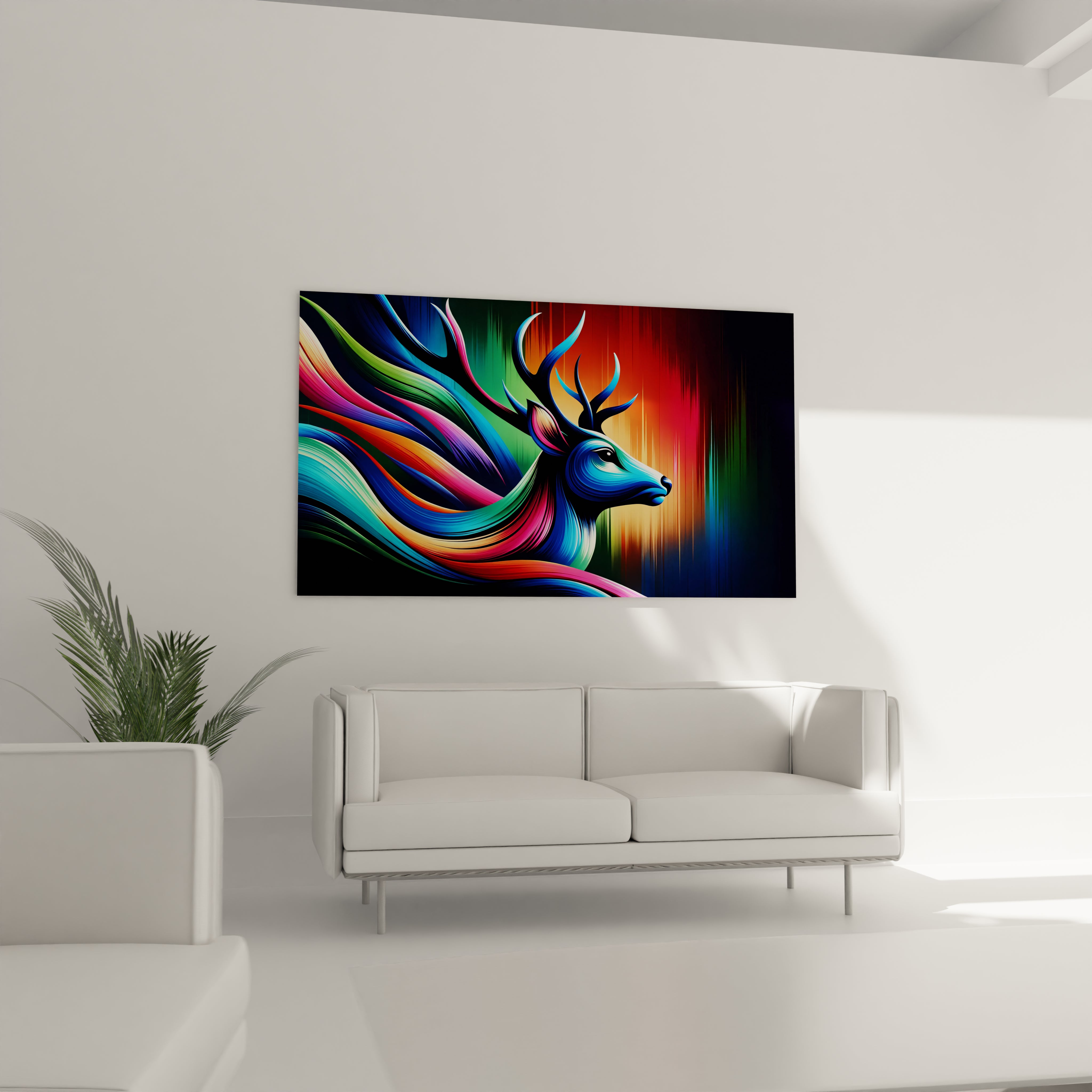 Art mural en verre acrylique "Vortex de Couleur Cervin", capturant un cerf dans un tourbillon de teintes dynamiques, parfait pour un intérieur contemporain.