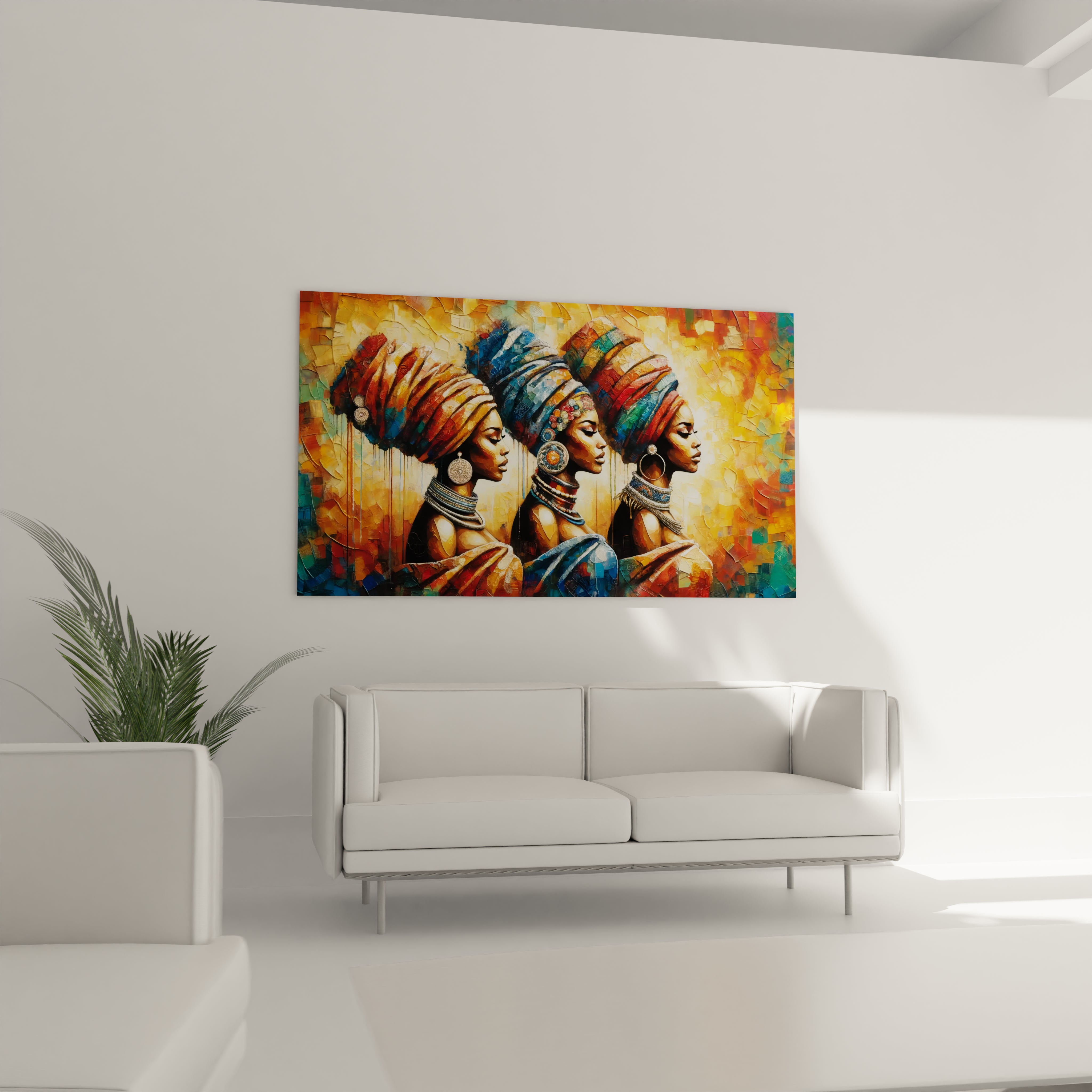 "Art mural africain en verre acrylique de la collection Africa, suspendu au-dessus d'un canapé dans un salon élégant. Cette décoration murale contemporaine est parfaite pour sublimer votre espace de vie avec des motifs africains inspirants. Parfait pour les salons, les salles de séjour et les bureaux à domicile à la décoration moderne."