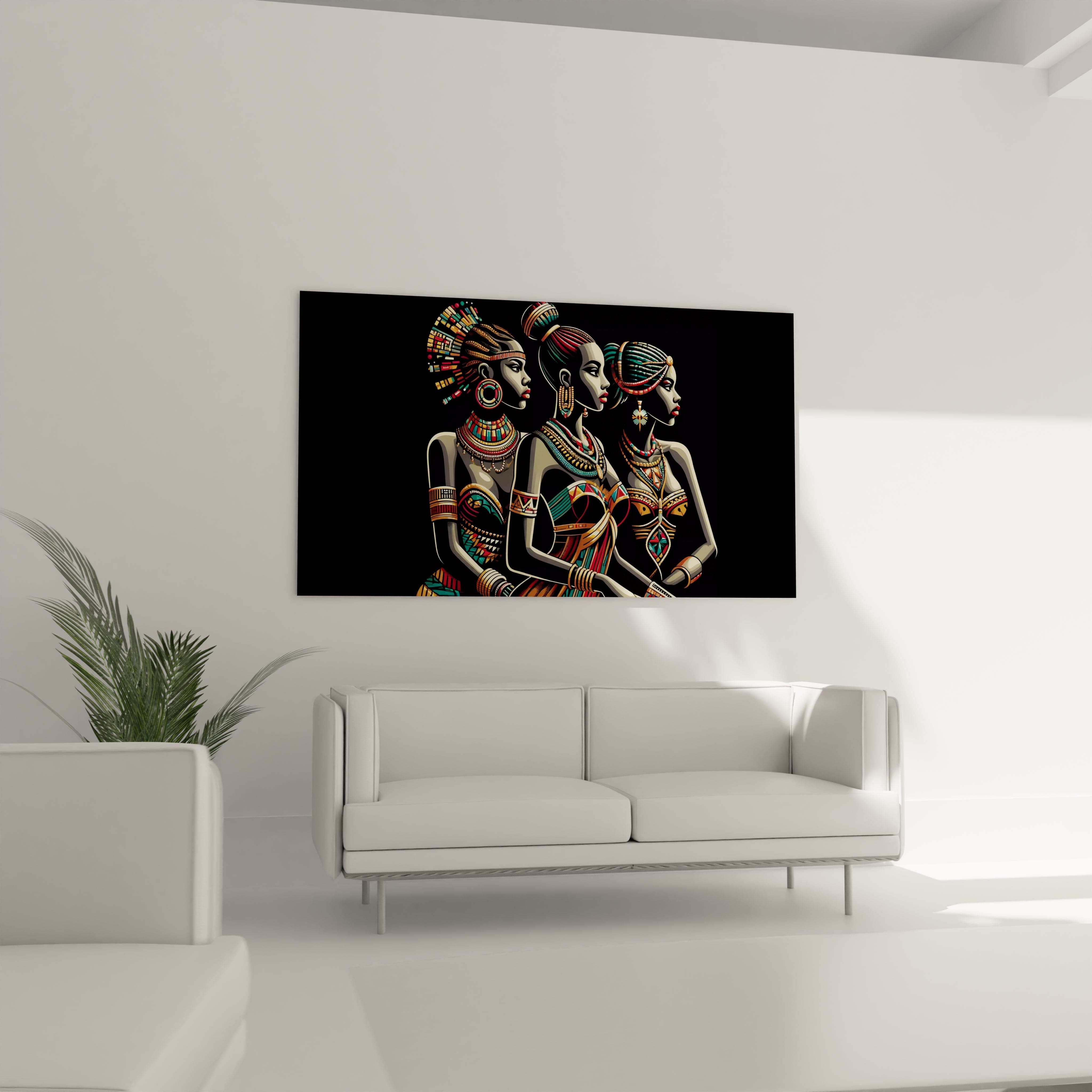 "Art mural africain en verre acrylique de la collection Africa, suspendu au-dessus d'un canapé dans un salon élégant. Cette décoration murale contemporaine est parfaite pour sublimer votre espace de vie avec des motifs africains inspirants. Parfait pour les salons, les salles de séjour et les bureaux à domicile à la décoration moderne."