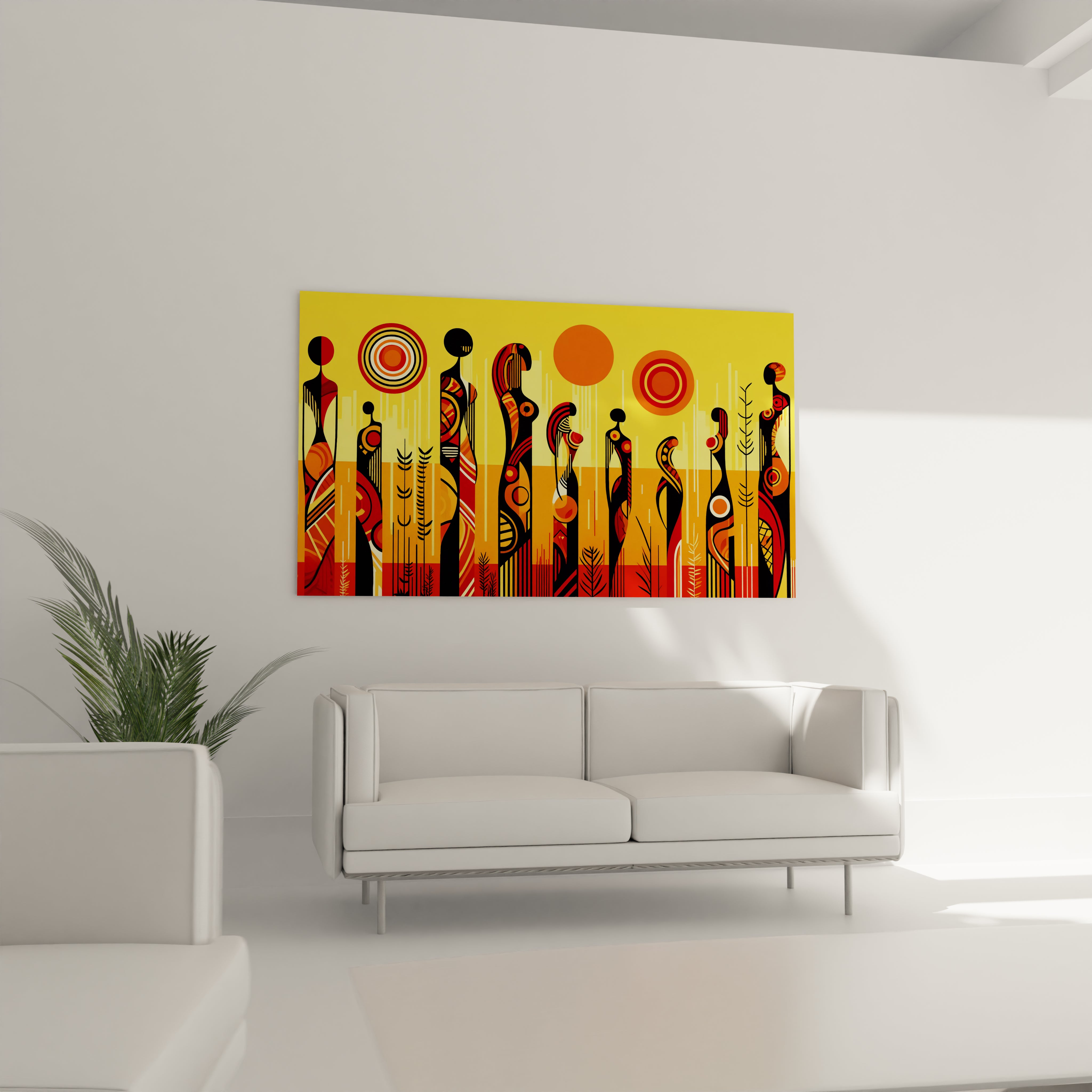 "Art mural africain en verre acrylique de la collection Africa, suspendu au-dessus d'un canapé dans un salon élégant. Cette décoration murale contemporaine est parfaite pour sublimer votre espace de vie avec des motifs africains inspirants. Parfait pour les salons, les salles de séjour et les bureaux à domicile à la décoration moderne."