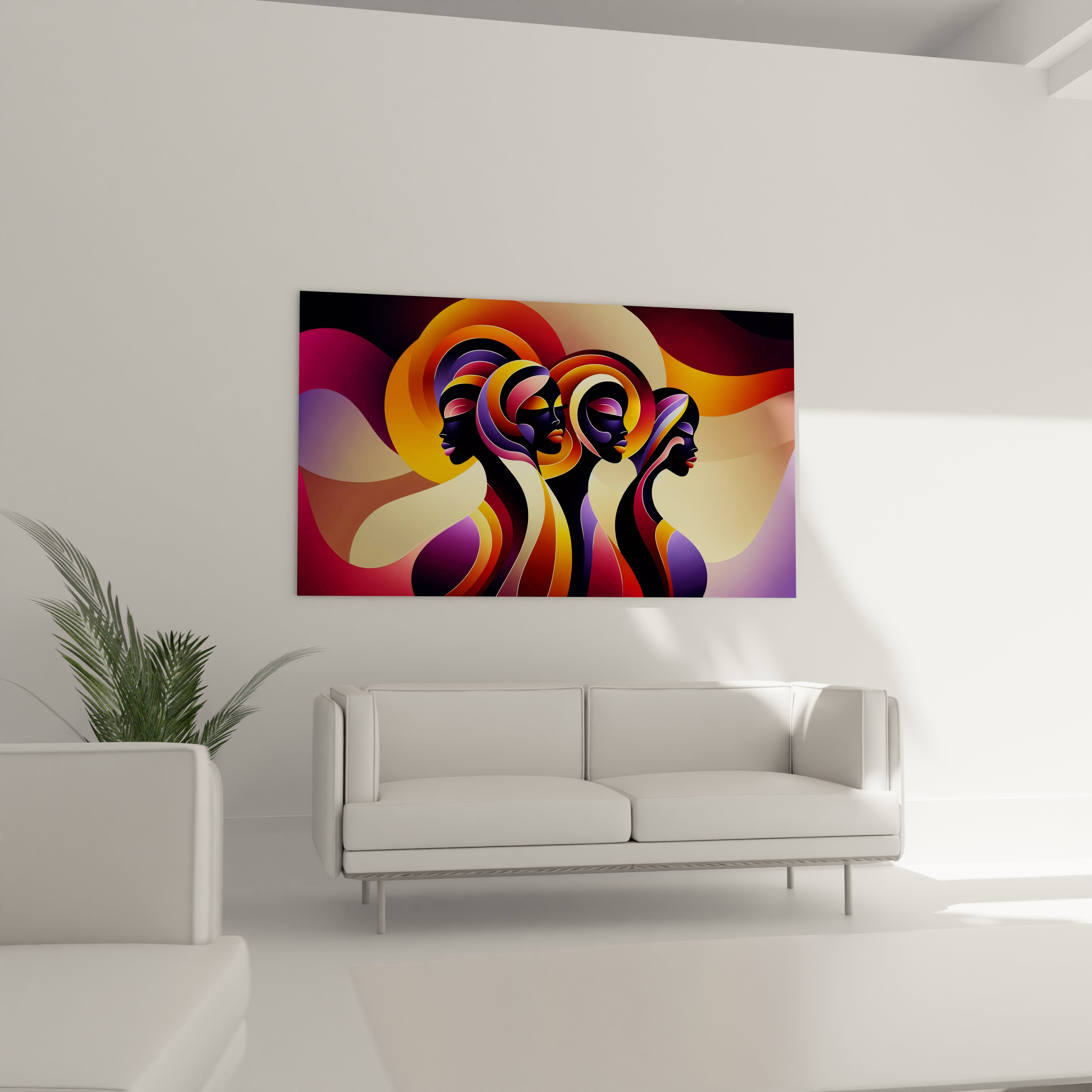 "Art mural africain en verre acrylique de la collection Africa, suspendu au-dessus d'un canapé dans un salon élégant. Cette décoration murale contemporaine est parfaite pour sublimer votre espace de vie avec des motifs africains inspirants. Parfait pour les salons, les salles de séjour et les bureaux à domicile à la décoration moderne."