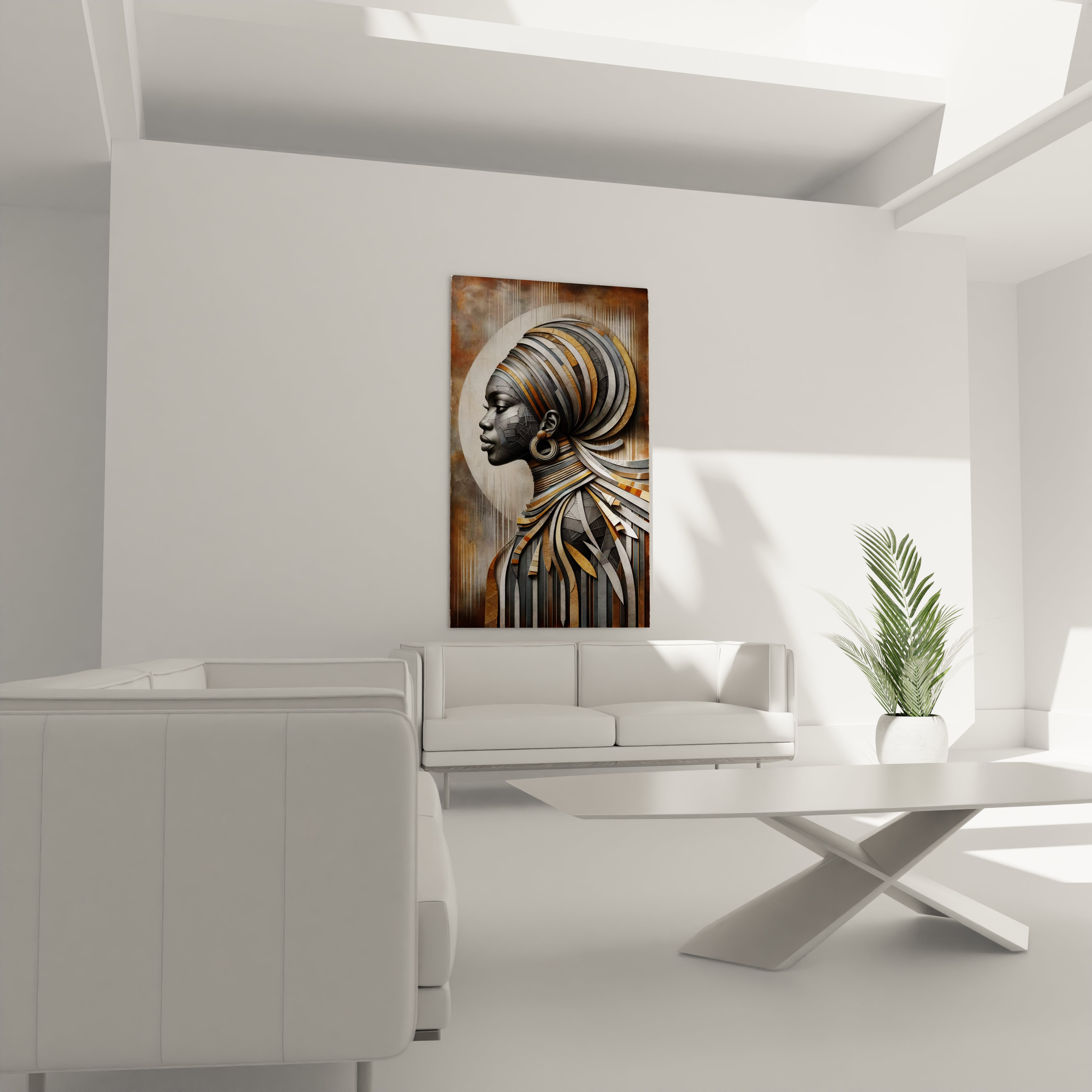 "Art mural africain en verre acrylique de la collection Africa, suspendu au-dessus d'un canapé dans un salon élégant. Cette décoration murale contemporaine est parfaite pour sublimer votre espace de vie avec des motifs africains inspirants. Parfait pour les salons, les salles de séjour et les bureaux à domicile à la décoration moderne."