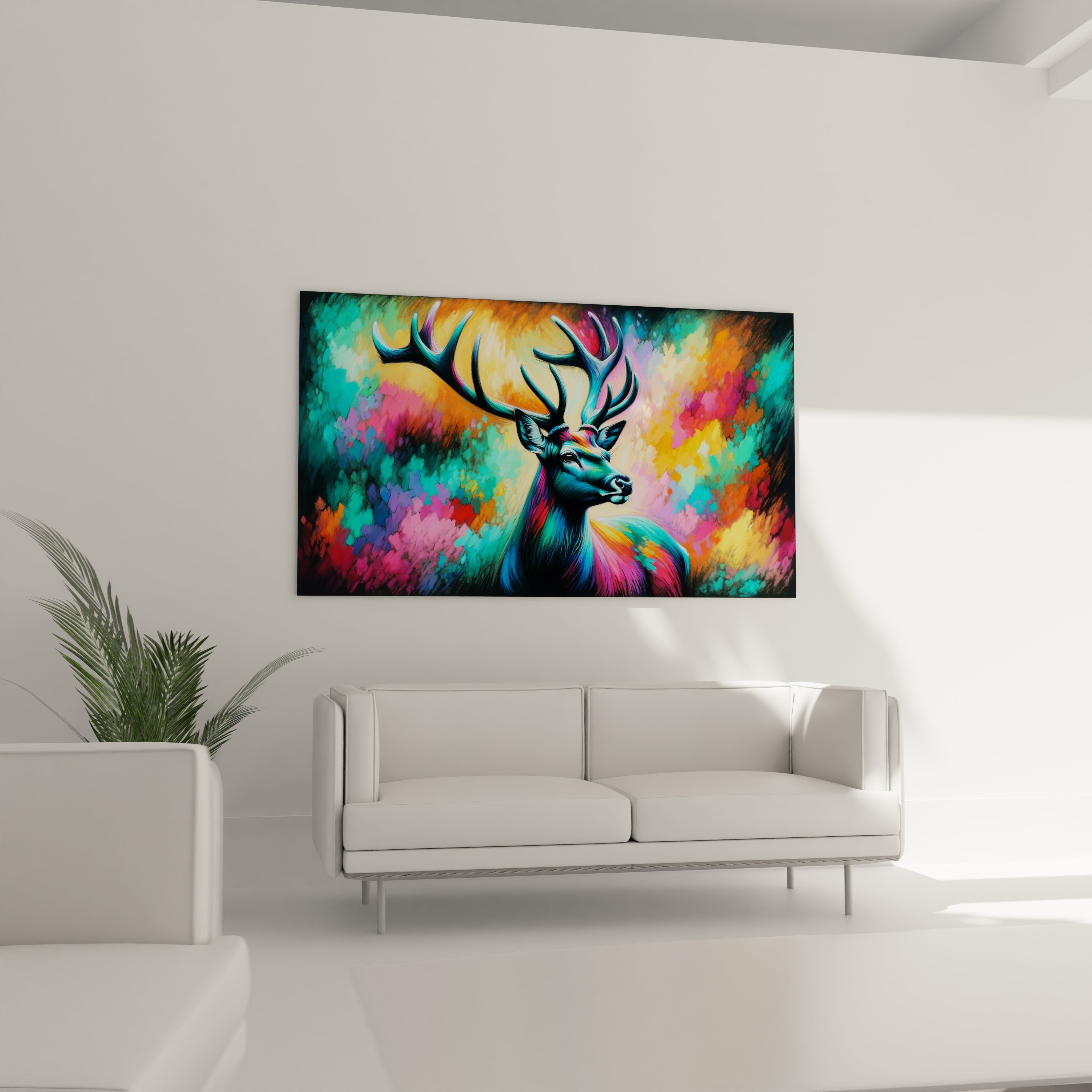 "Image d'un tableau contemporain montrant un cerf stylisé avec une explosion de couleurs, présenté dans un cadre en verre acrylique."