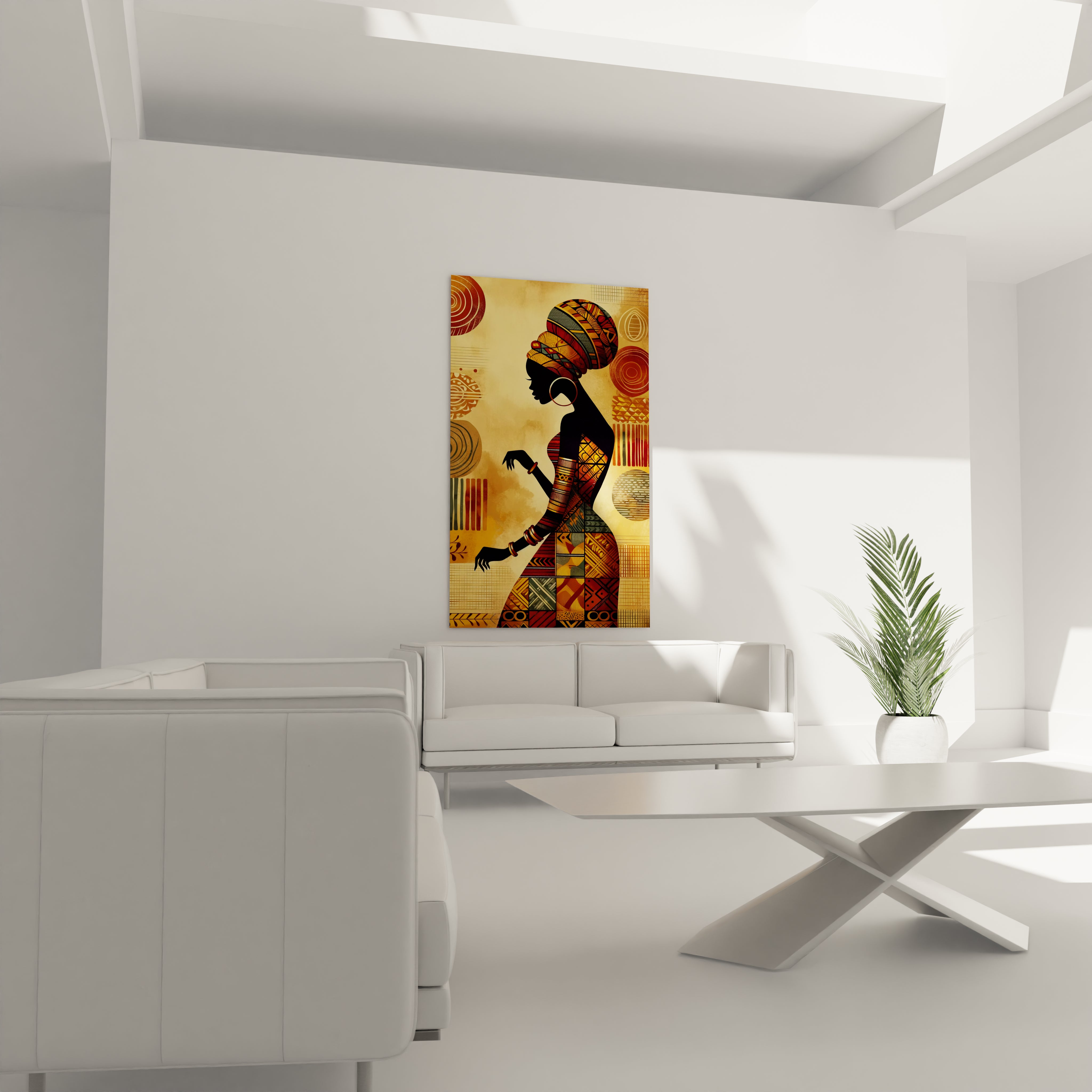 "Art mural africain en verre acrylique de la collection Africa, suspendu au-dessus d'un canapé dans un salon élégant. Cette décoration murale contemporaine est parfaite pour sublimer votre espace de vie avec des motifs africains inspirants. Parfait pour les salons, les salles de séjour et les bureaux à domicile à la décoration moderne."