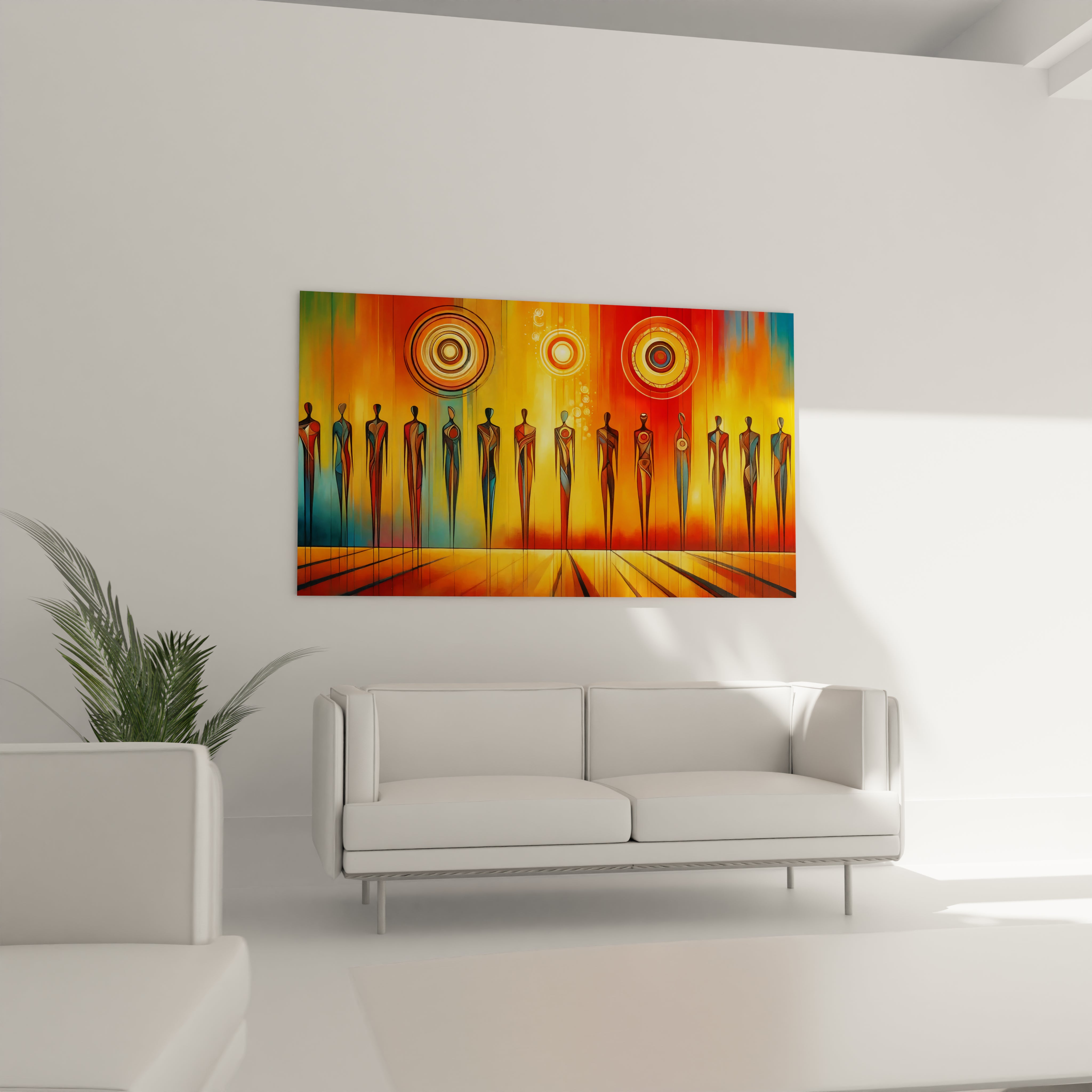 "Art mural africain en verre acrylique de la collection Africa, suspendu au-dessus d'un canapé dans un salon élégant. Cette décoration murale contemporaine est parfaite pour sublimer votre espace de vie avec des motifs africains inspirants. Parfait pour les salons, les salles de séjour et les bureaux à domicile à la décoration moderne."