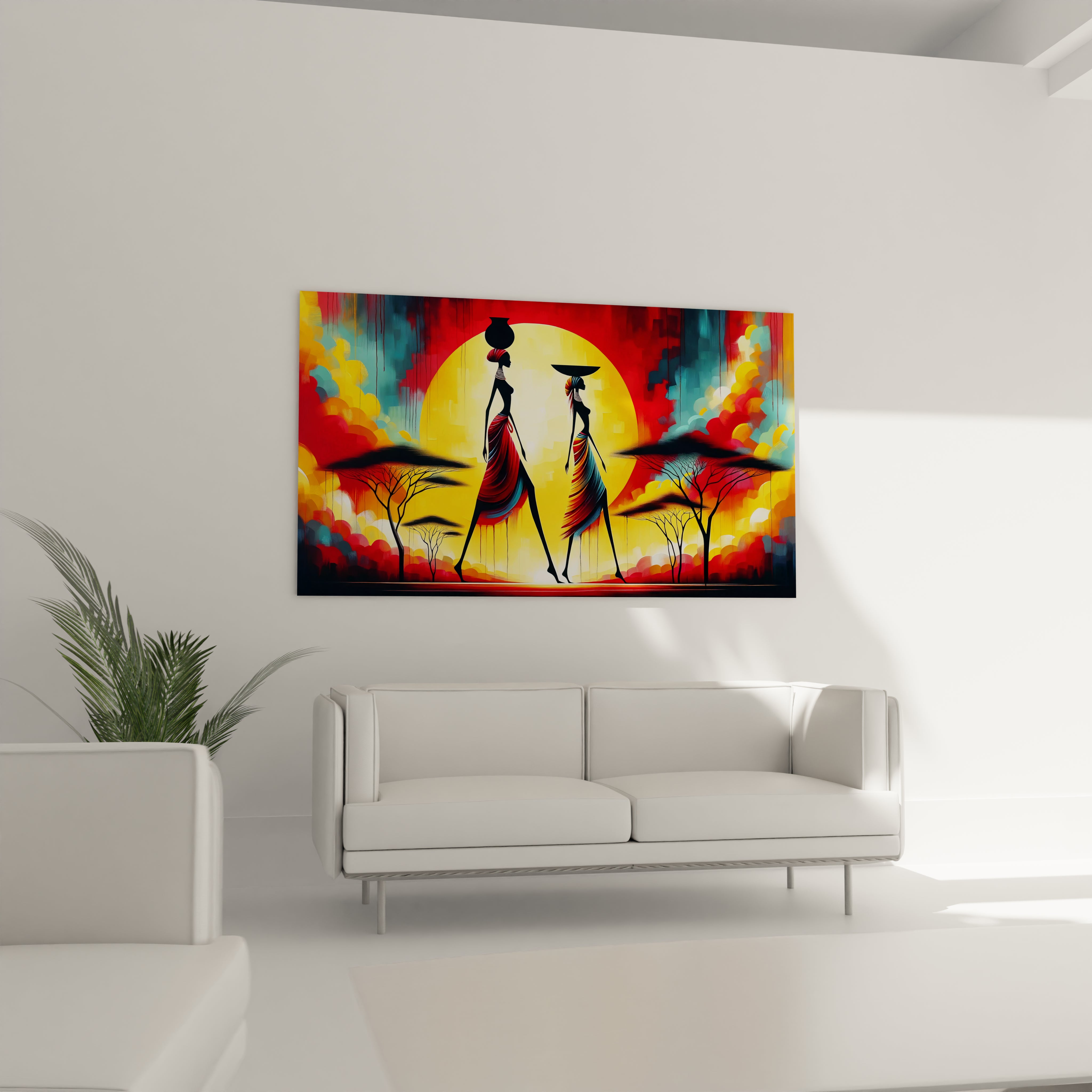 "Art mural africain en verre acrylique de la collection Africa, suspendu au-dessus d'un canapé dans un salon élégant. Cette décoration murale contemporaine est parfaite pour sublimer votre espace de vie avec des motifs africains inspirants. Parfait pour les salons, les salles de séjour et les bureaux à domicile à la décoration moderne."