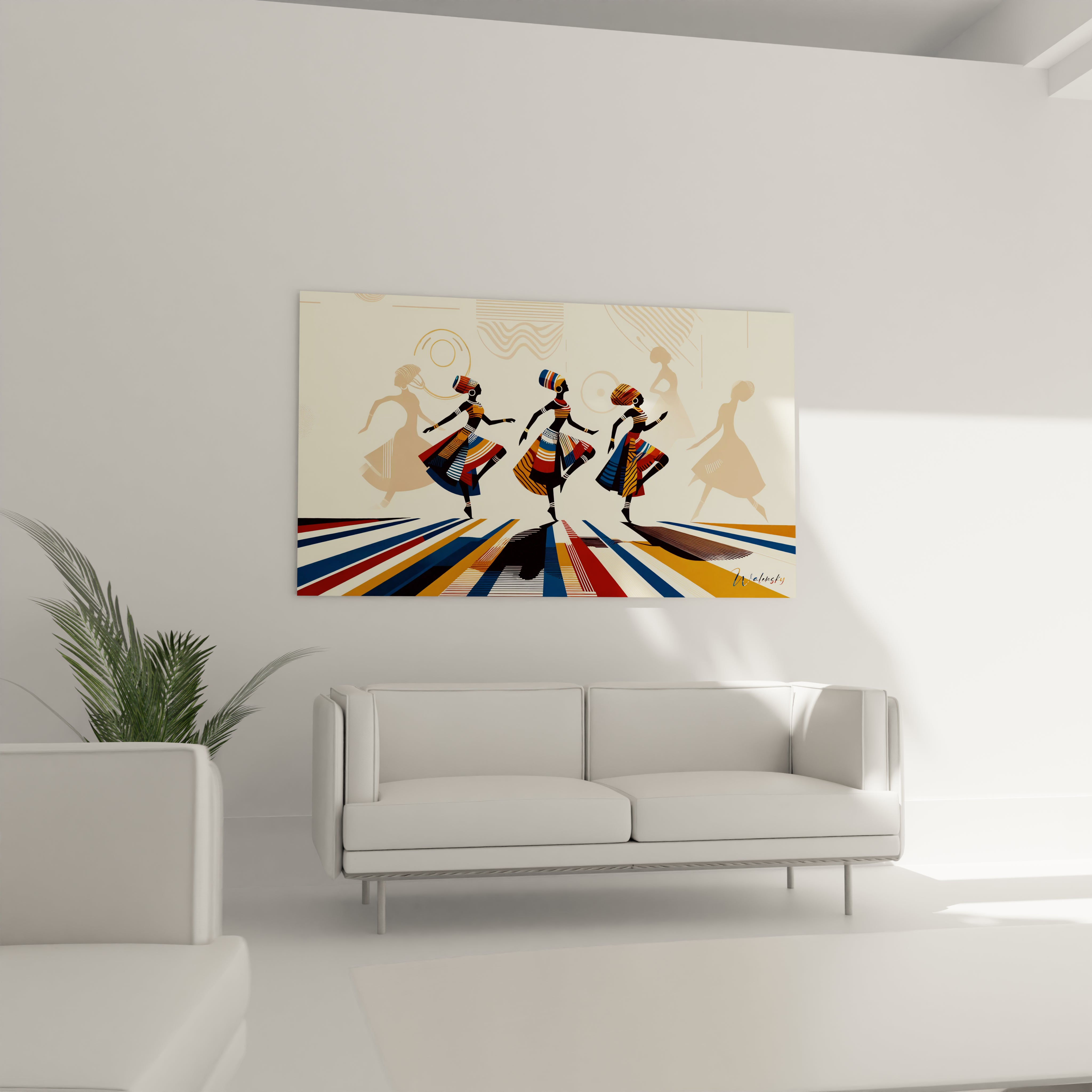 "Art mural africain en verre acrylique de la collection Africa, suspendu au-dessus d'un canapé dans un salon élégant. Cette décoration murale contemporaine est parfaite pour sublimer votre espace de vie avec des motifs africains inspirants. Parfait pour les salons, les salles de séjour et les bureaux à domicile à la décoration moderne."