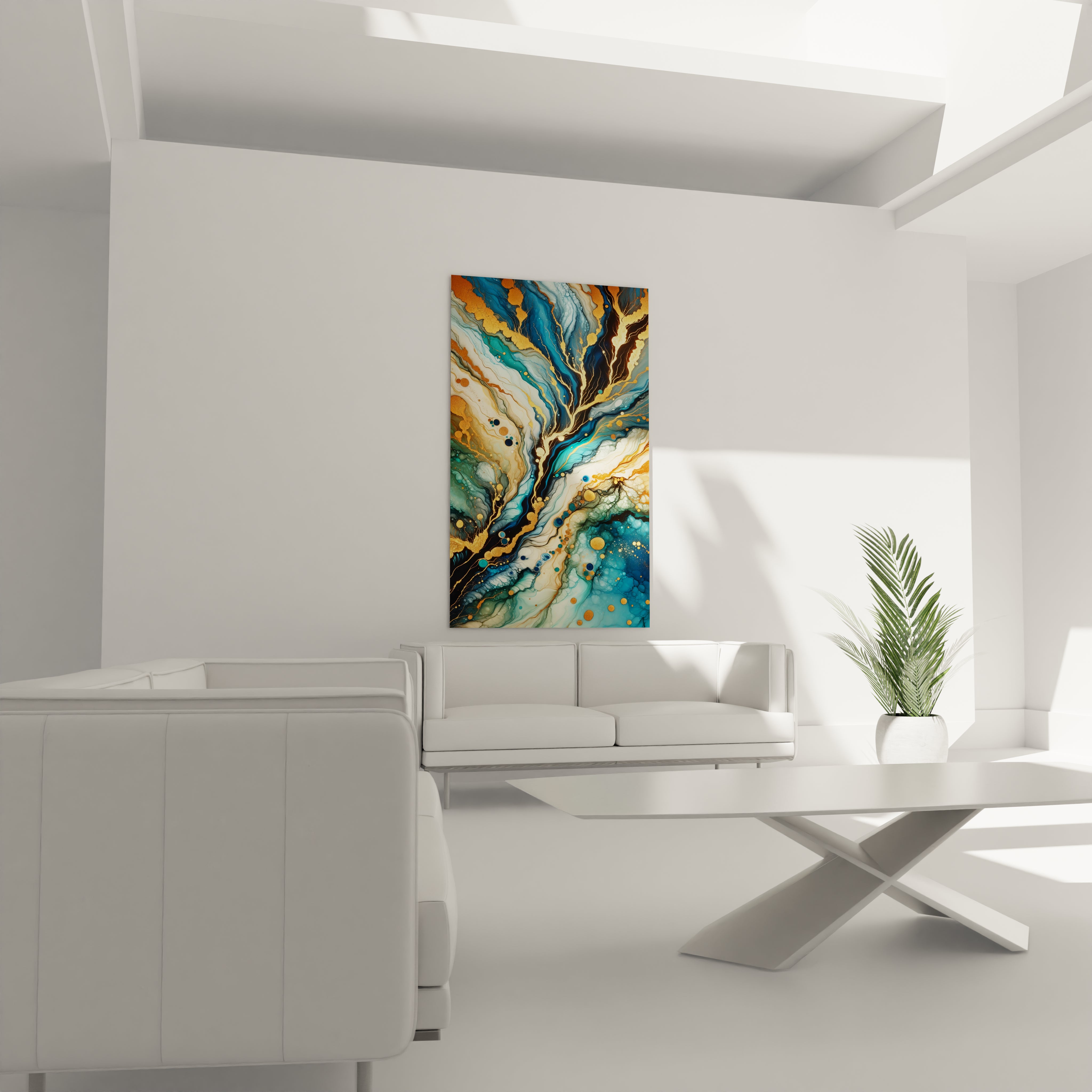 Œuvre abstraite en verre acrylique représentant des motifs minéraux complexes et lumineux, idéale pour un intérieur moderne.