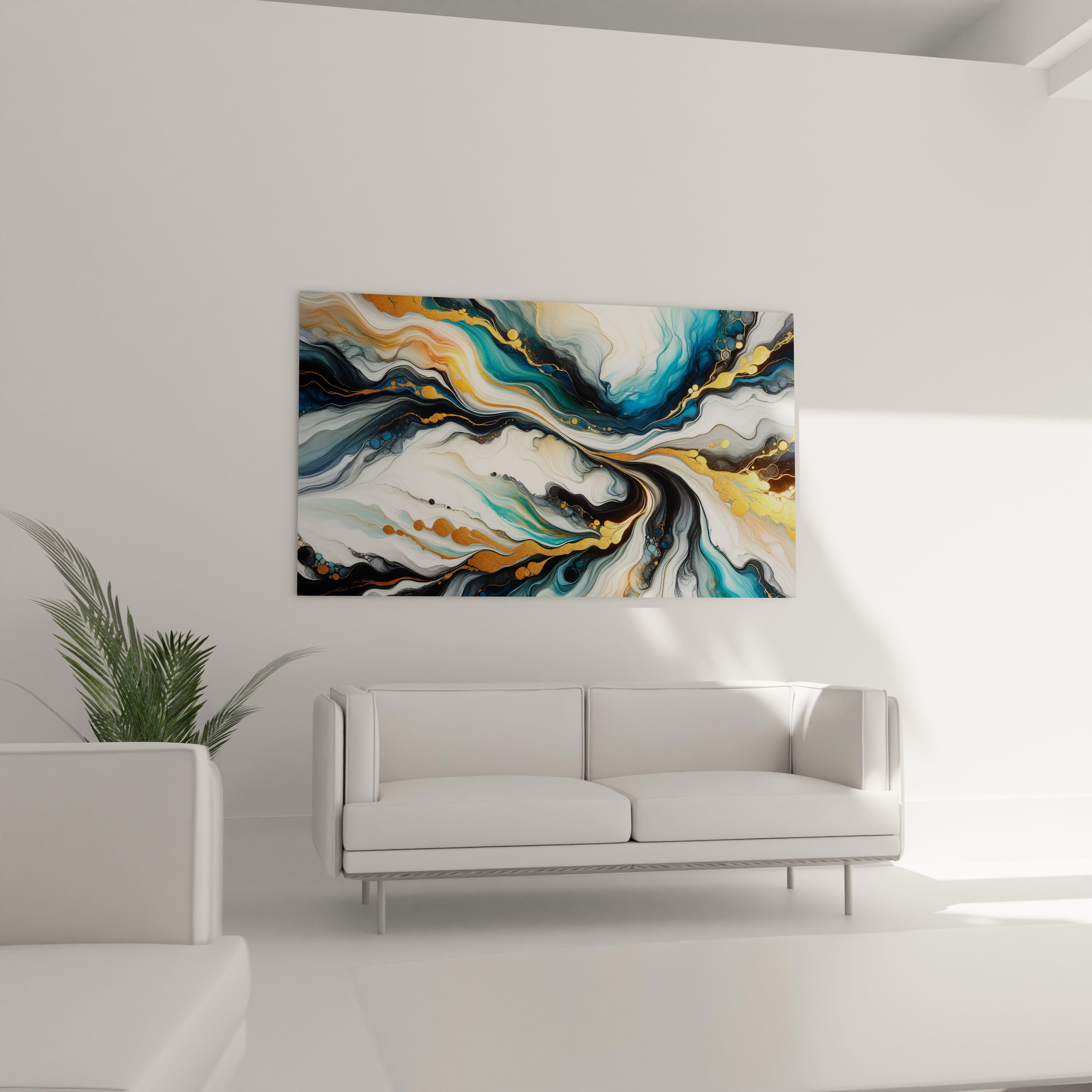 Tableau abstrait contemporain avec des reflets dorés, idéal pour une décoration élégante.